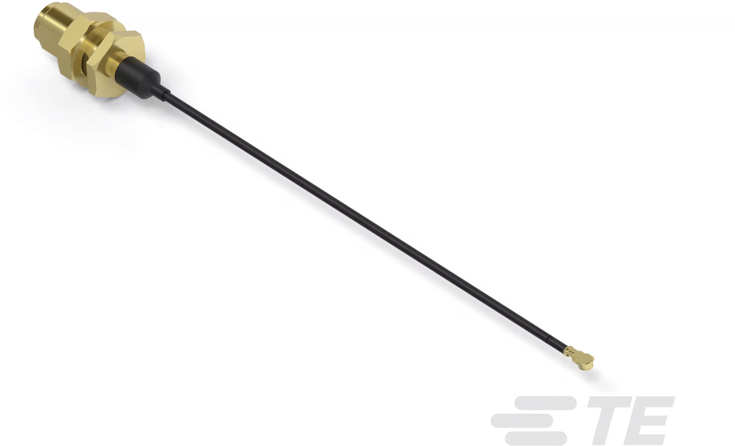 Koaxialkabel und -anschluss in Nahaufnahme von TE Connectivity, mit Messingstecker und langem schwarzem Kabel.