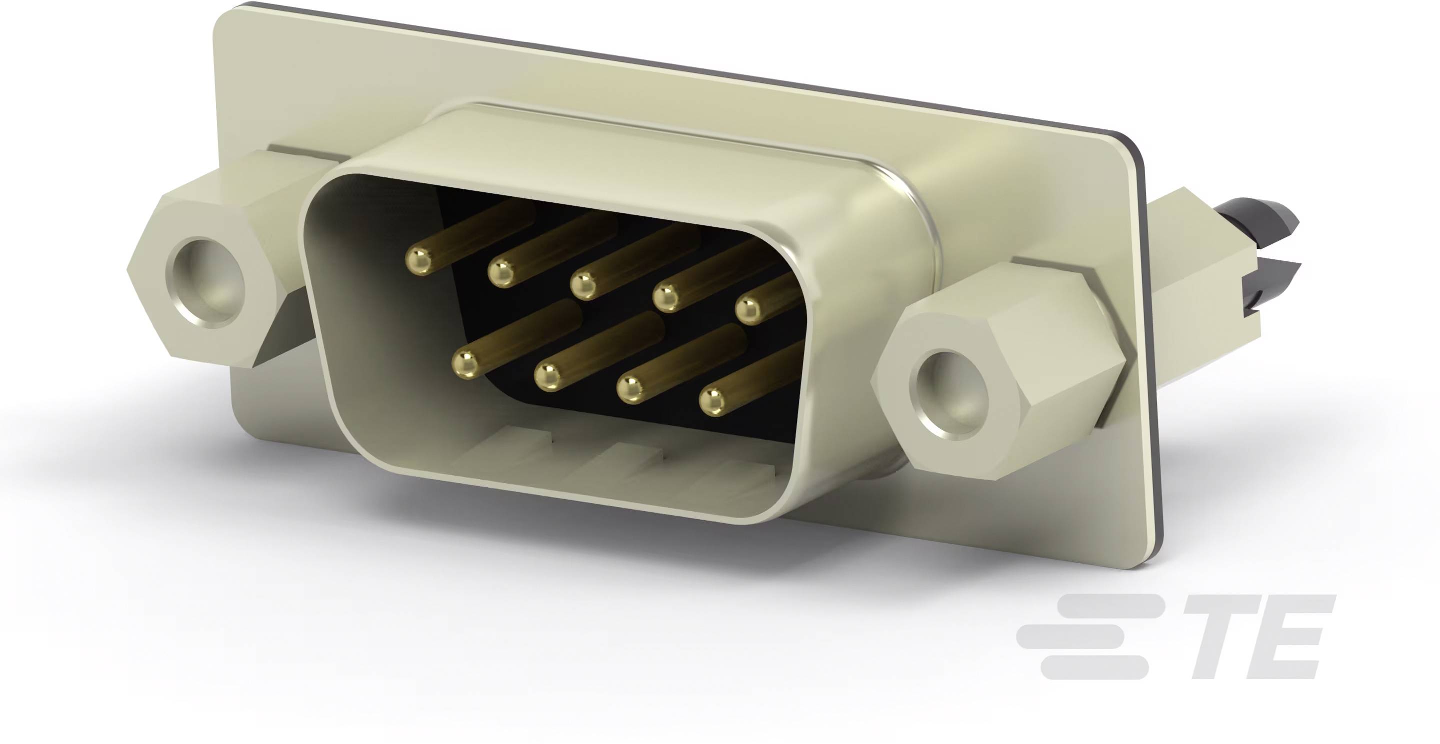 Ein rechteckiger elektrischer Stecker mit neun goldenen Stiften und zwei Befestigungsschrauben; geeignet für Datenverbindungen.