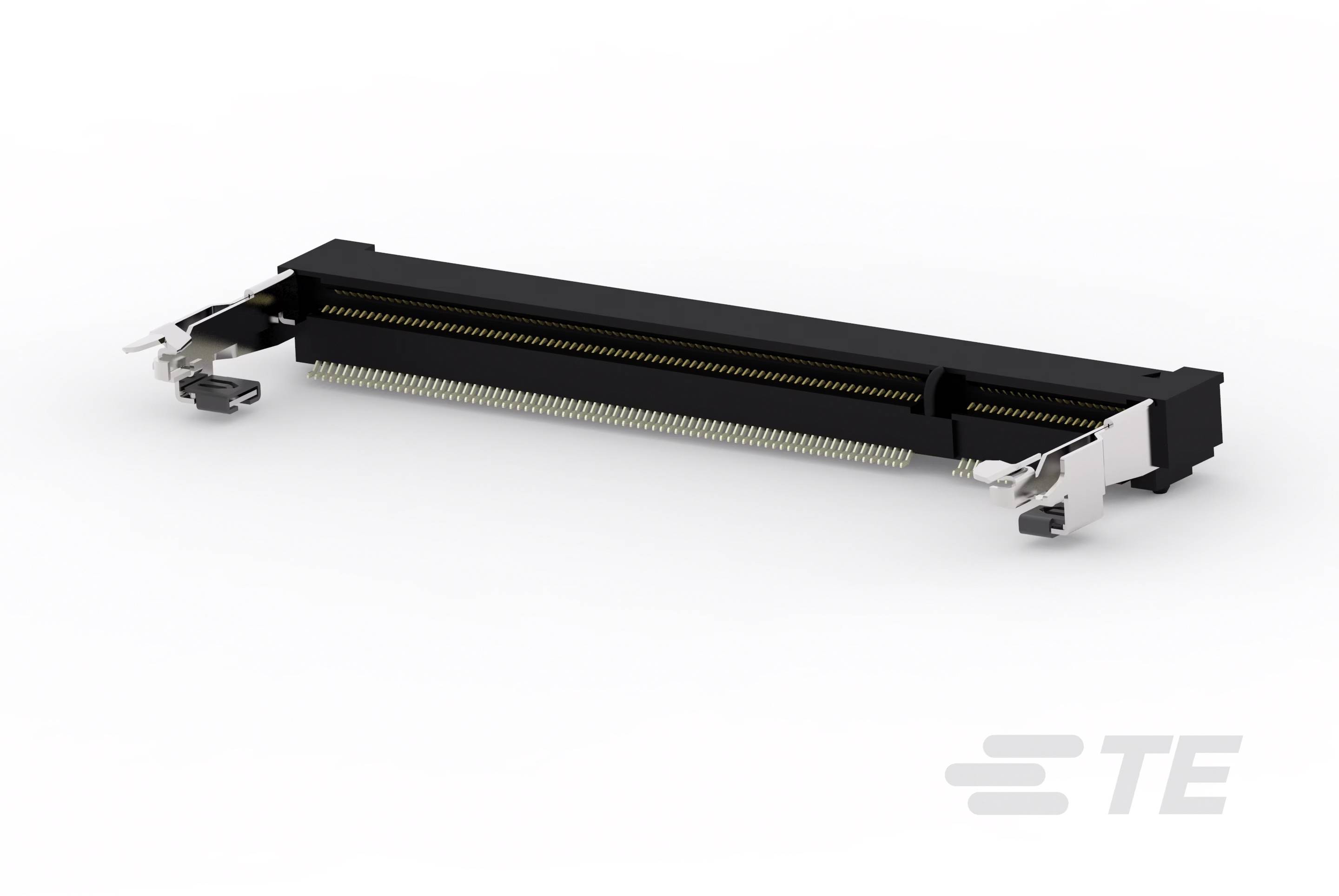 Schwarzer elektrischer Steckeradapter mit zwei silbernen Halteelementen an den Seiten, auf die Seite gelegt, auf weißem Hintergrund.