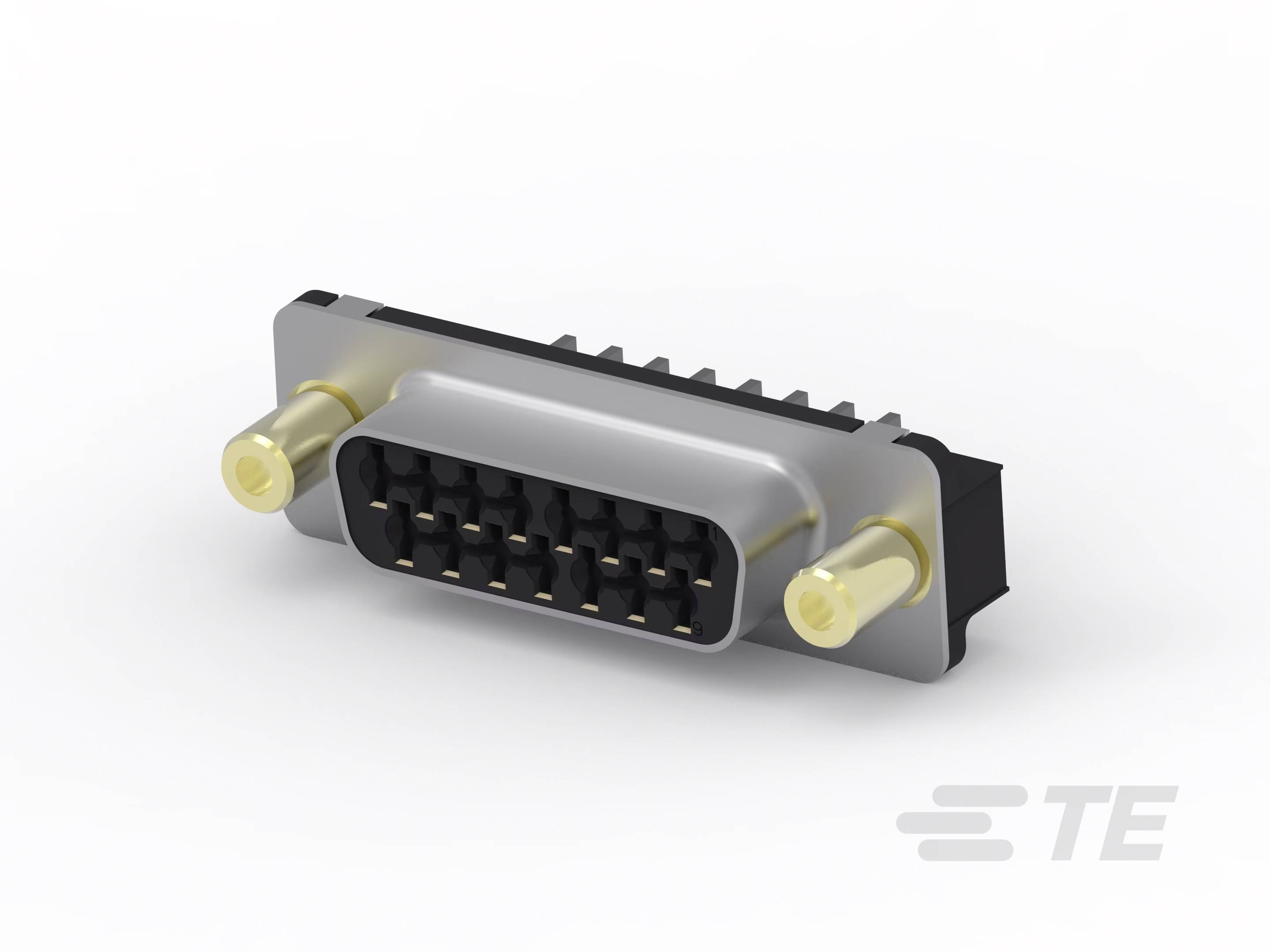 Ein silberner D-Sub-Stecker mit einer Reihe von Stiften, seitlichen Befestigungselementen und schwarzem Kunststoffgehäuse.
