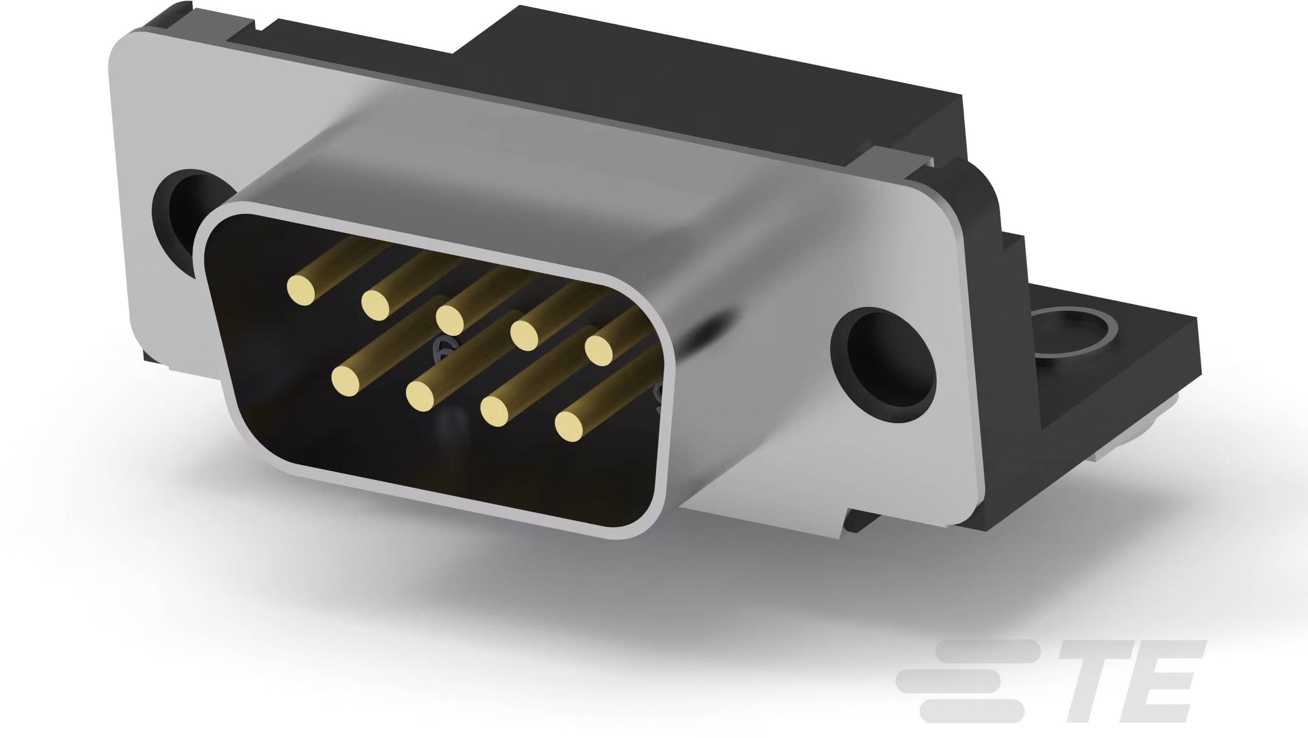 Ein Metall- und Kunststoff-Steckverbinder mit fünf goldenen Pins für elektronische Verbindungen, Seite TE-Logo sichtbar.