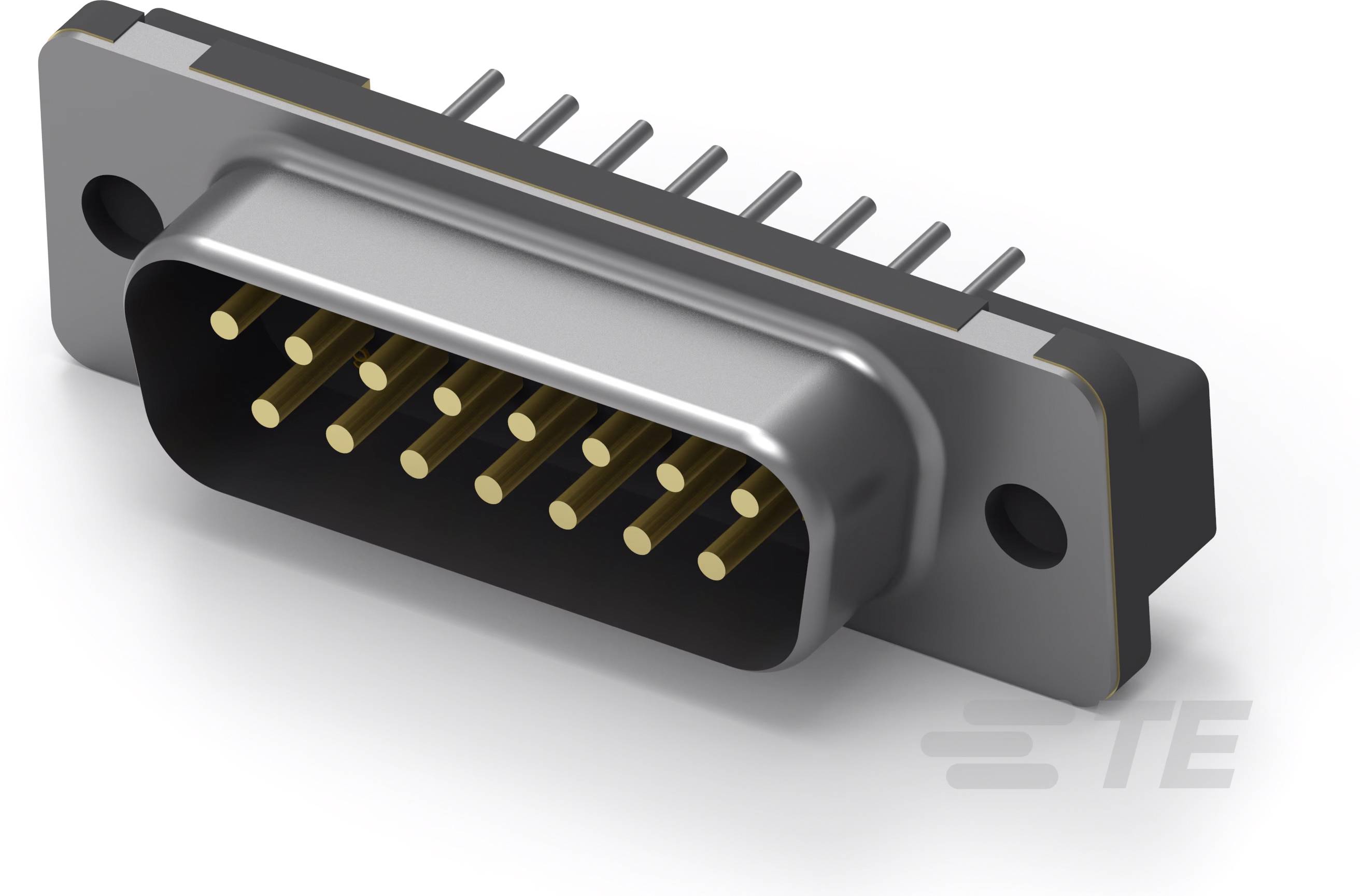 Ein D-Sub-Steckverbinder mit Metallgehäuse und mehreren goldenen Stiften, geeignet für elektrische Verbindungen.
