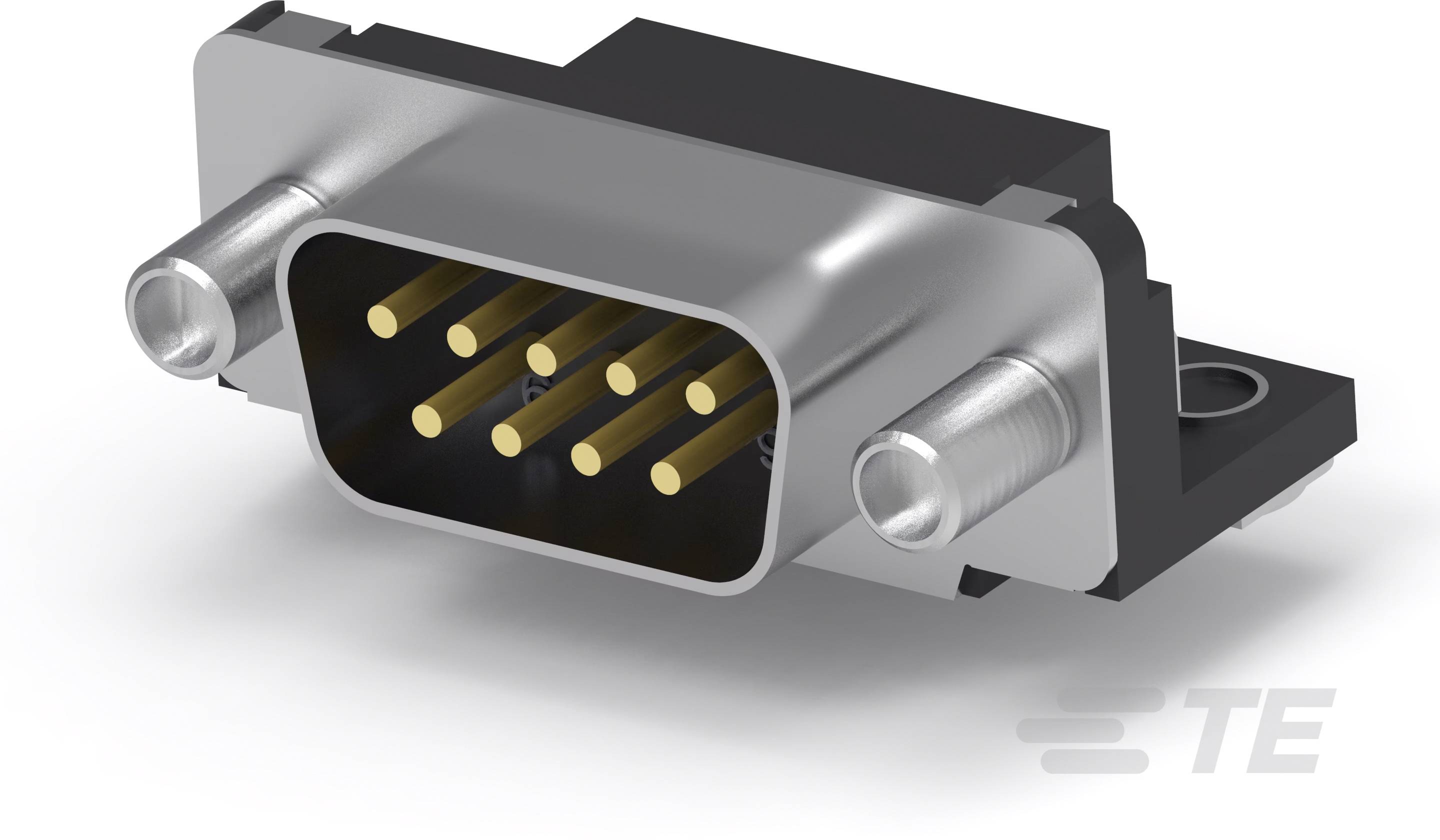 Ein rechteckiger Stecker mit mehreren goldfarbenen Stiften ist auf einer weißen Fläche zu sehen. Flankiert von zwei Metallbuchsen.