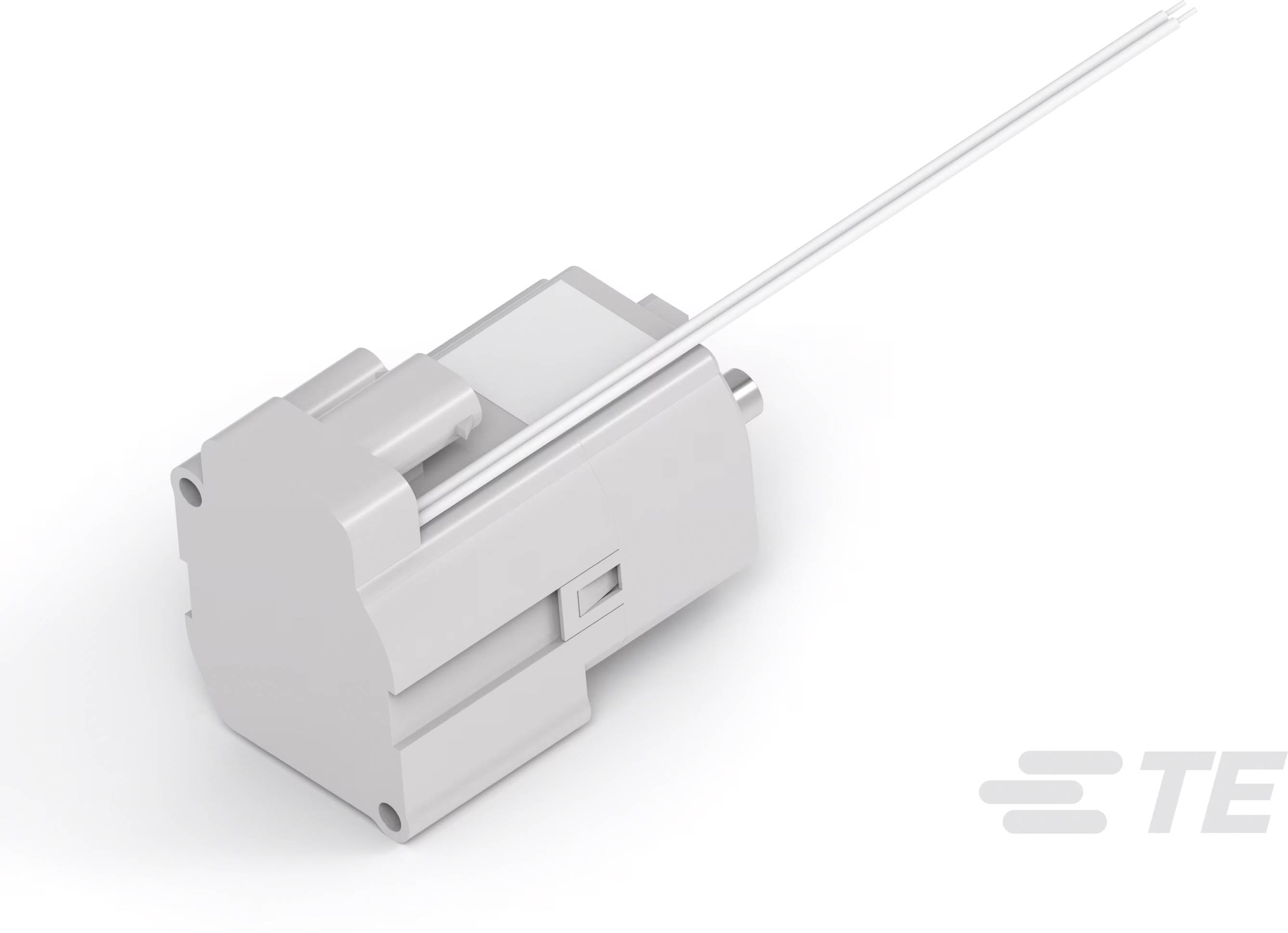 Ein graues, rechteckiges elektrisches Bauteil mit langen Metallstiften, das als Steckverbinder dient.