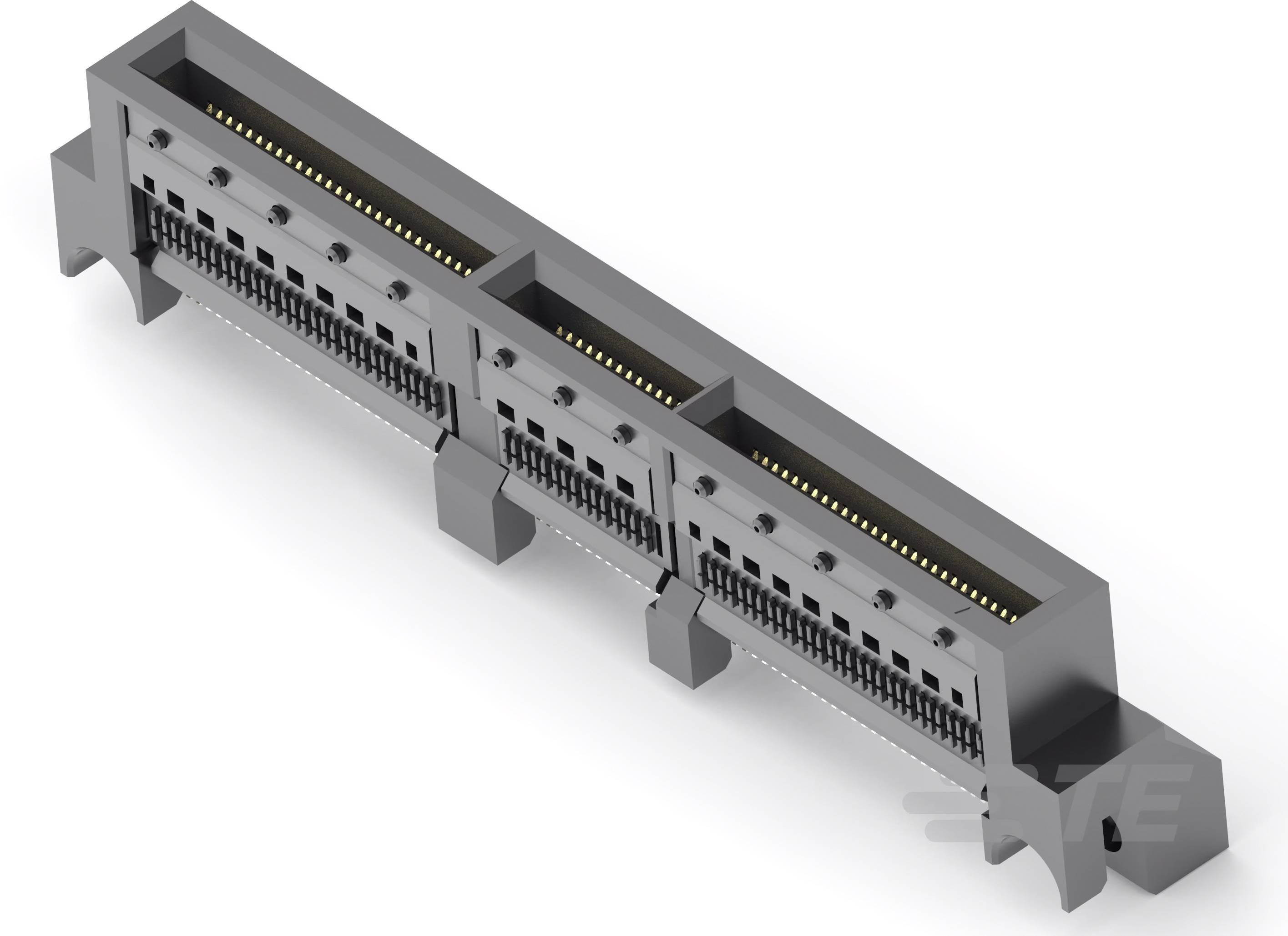 Ein schwarzer elektronischer Steckverbinder mit mehreren Pins und Befestigungspunkten, geeignet für den Einsatz in technischen Geräten.