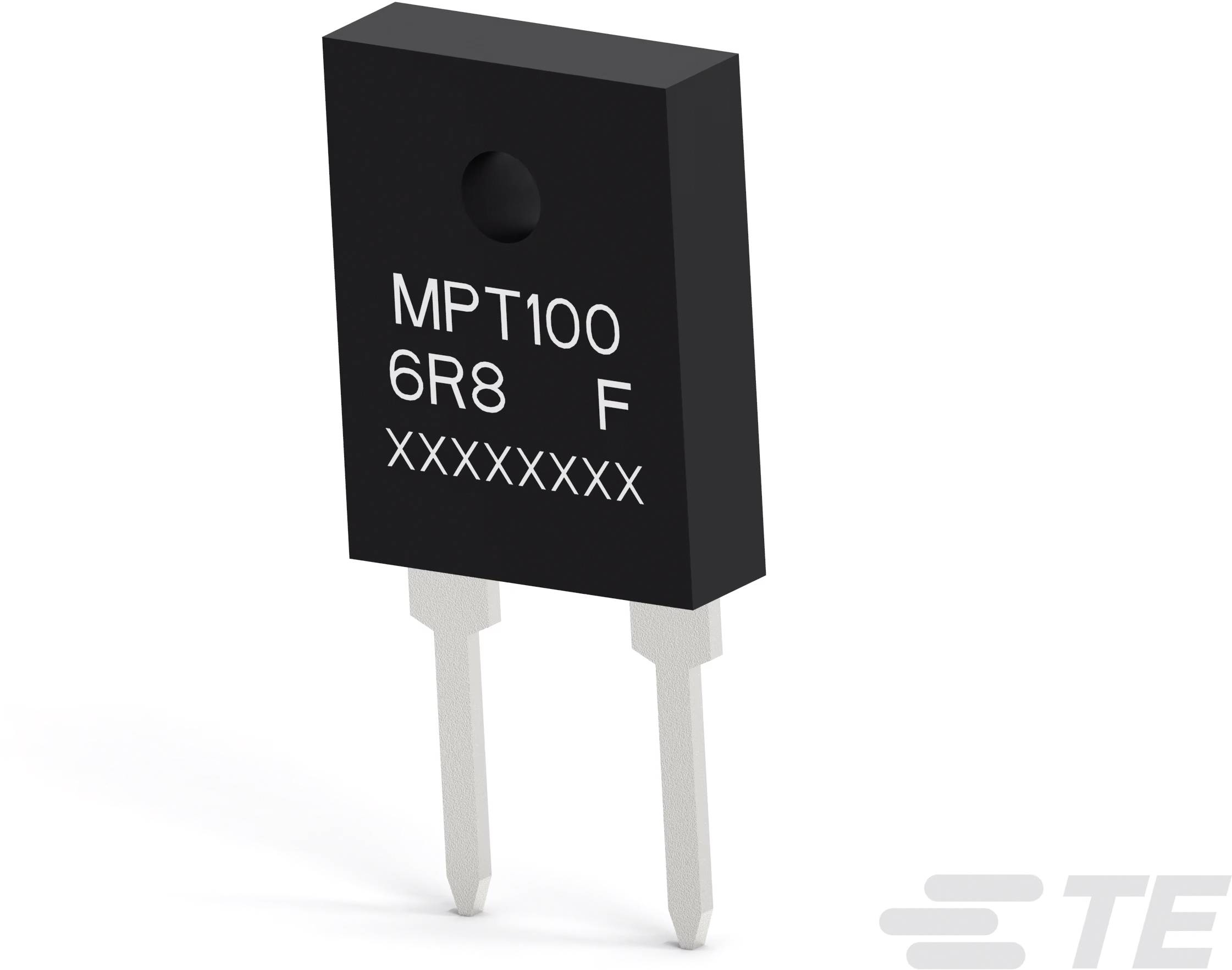 Bild eines schwarzen, rechteckigen Elektronikbauteils mit zwei Metallanschlüssen und der Beschriftung MPT100 6R8 F.