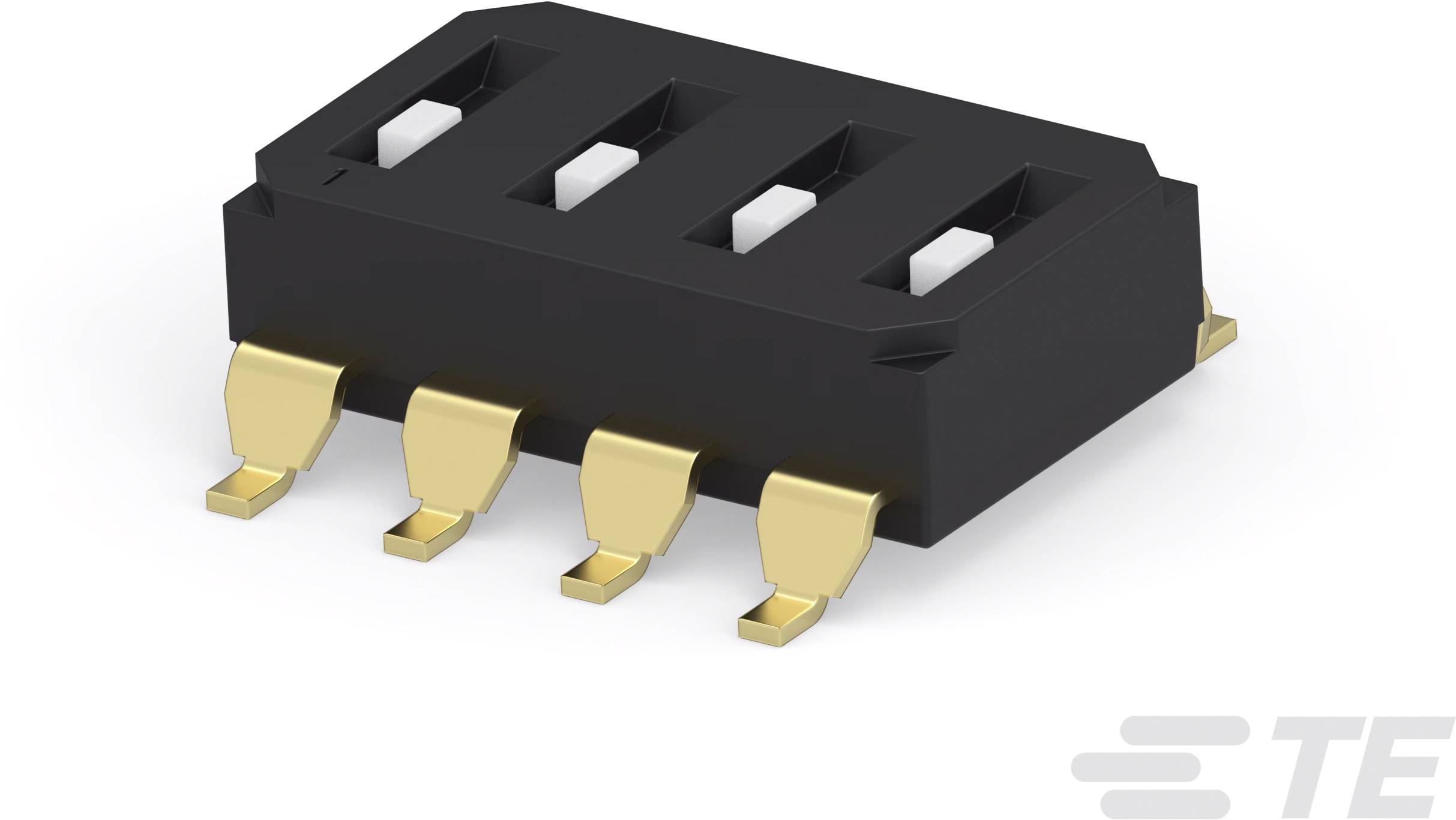 Integrierter Schaltkreis mit sechs Pins in schwarzem Gehäuse, von TE Connectivity.