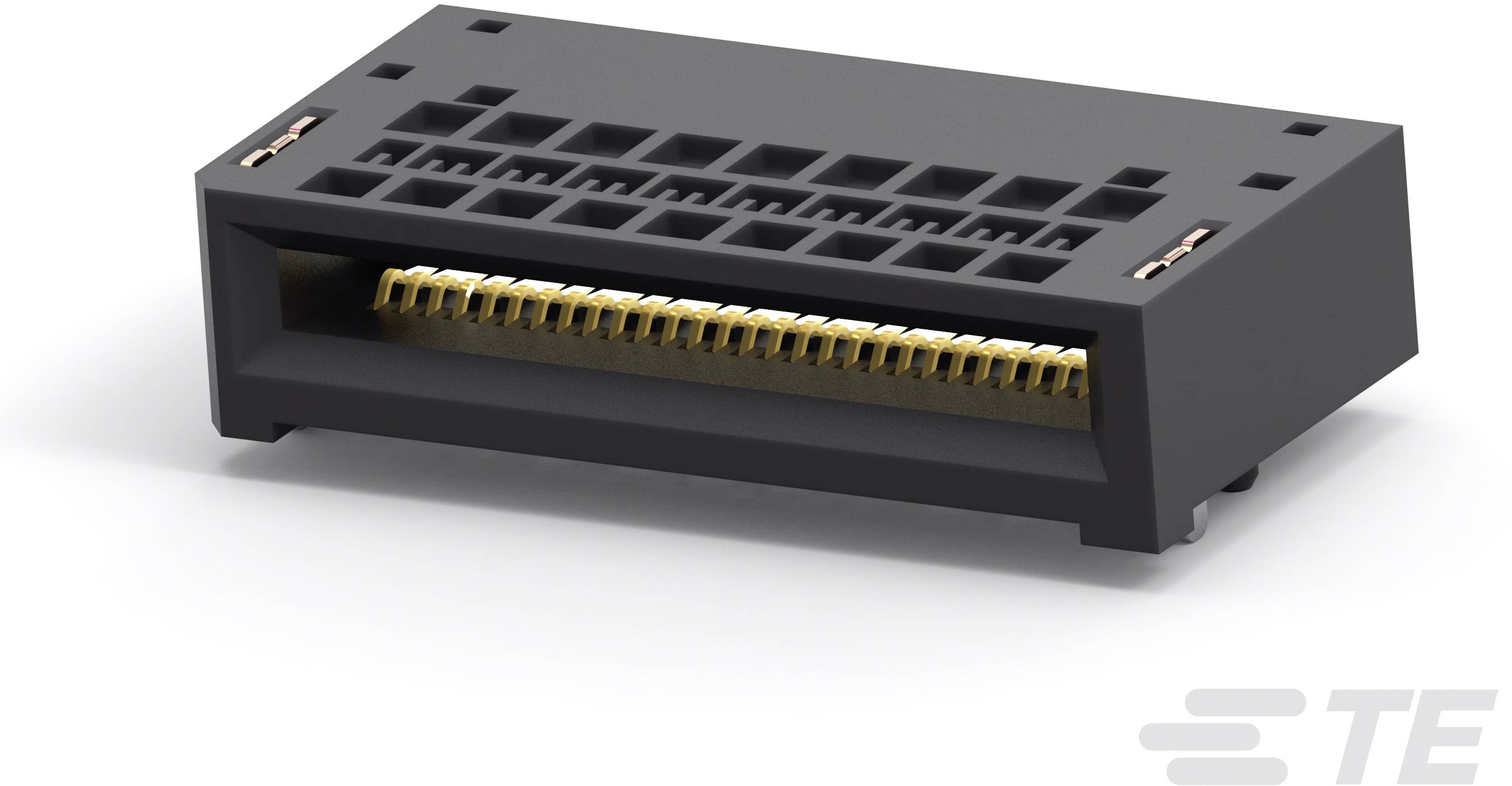 Schwarzer High-Density-Steckverbinder mit vergoldeten Kontakten, geeignet für elektronische Anwendungen und platzsparende Designs.