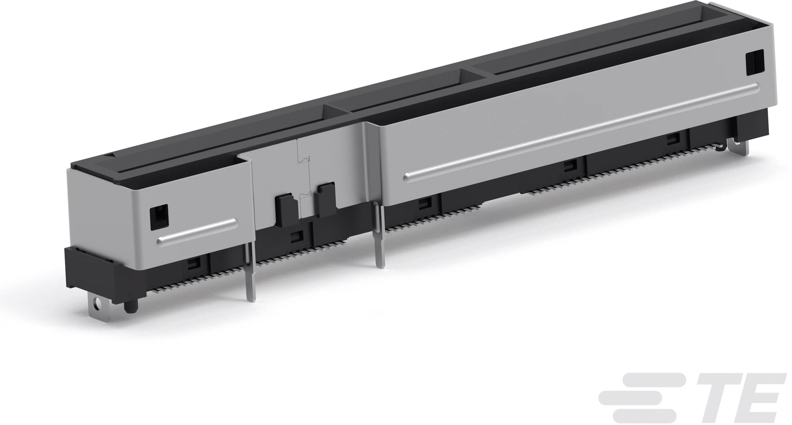 Steckverbinder für elektronische Anwendungen, rechteckige Form, silbernes Gehäuse mit schwarzen Komponenten, Markenlogo sichtbar.