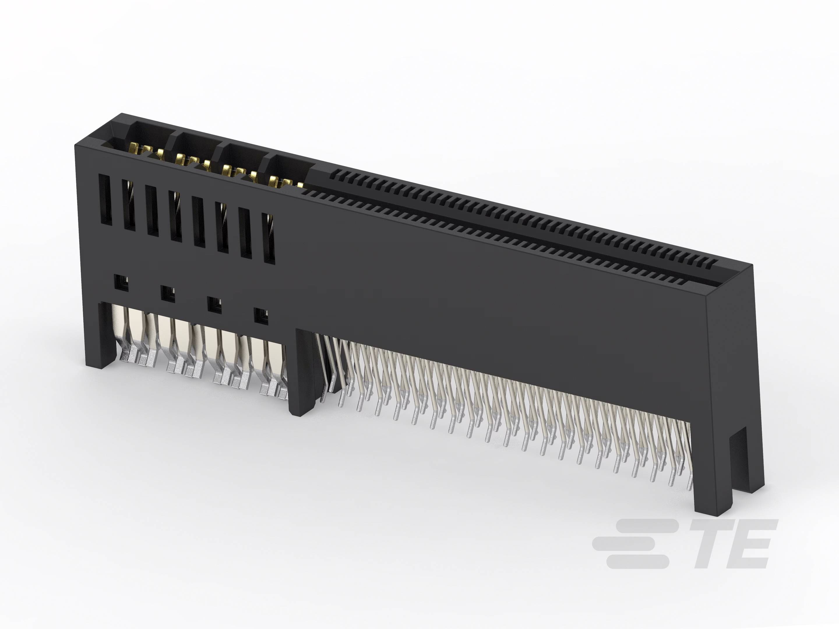 Schwarzer elektrischer Steckverbinder mit mehreren silbernen Pins, geeignet für den Einsatz in elektronischen Geräten.