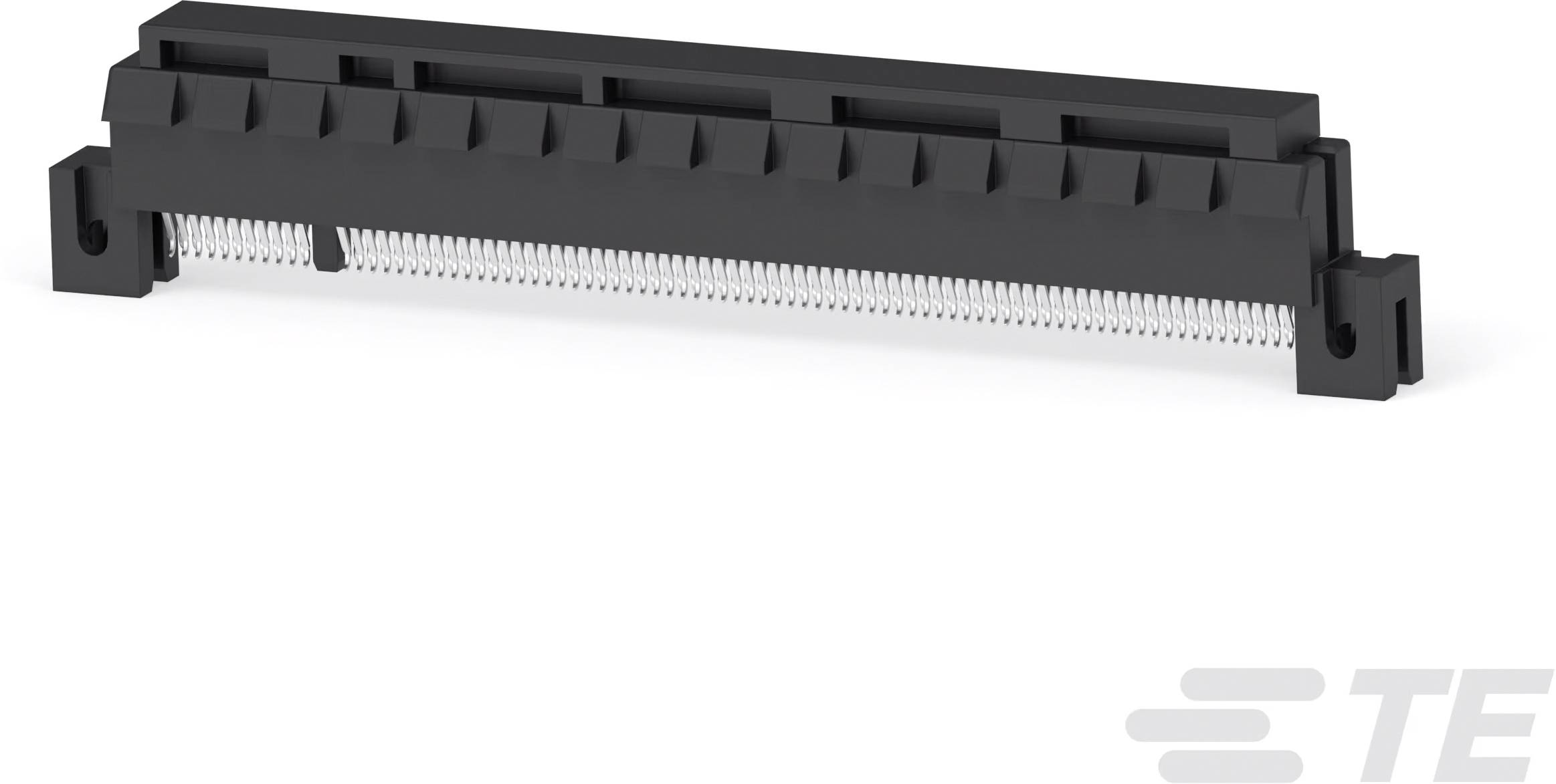 Ein schwarzes elektronisches Steckverbinder-Bauteil mit mehreren Anschlüssen, auf einer weißen Fläche. Markenlogo in der Ecke.