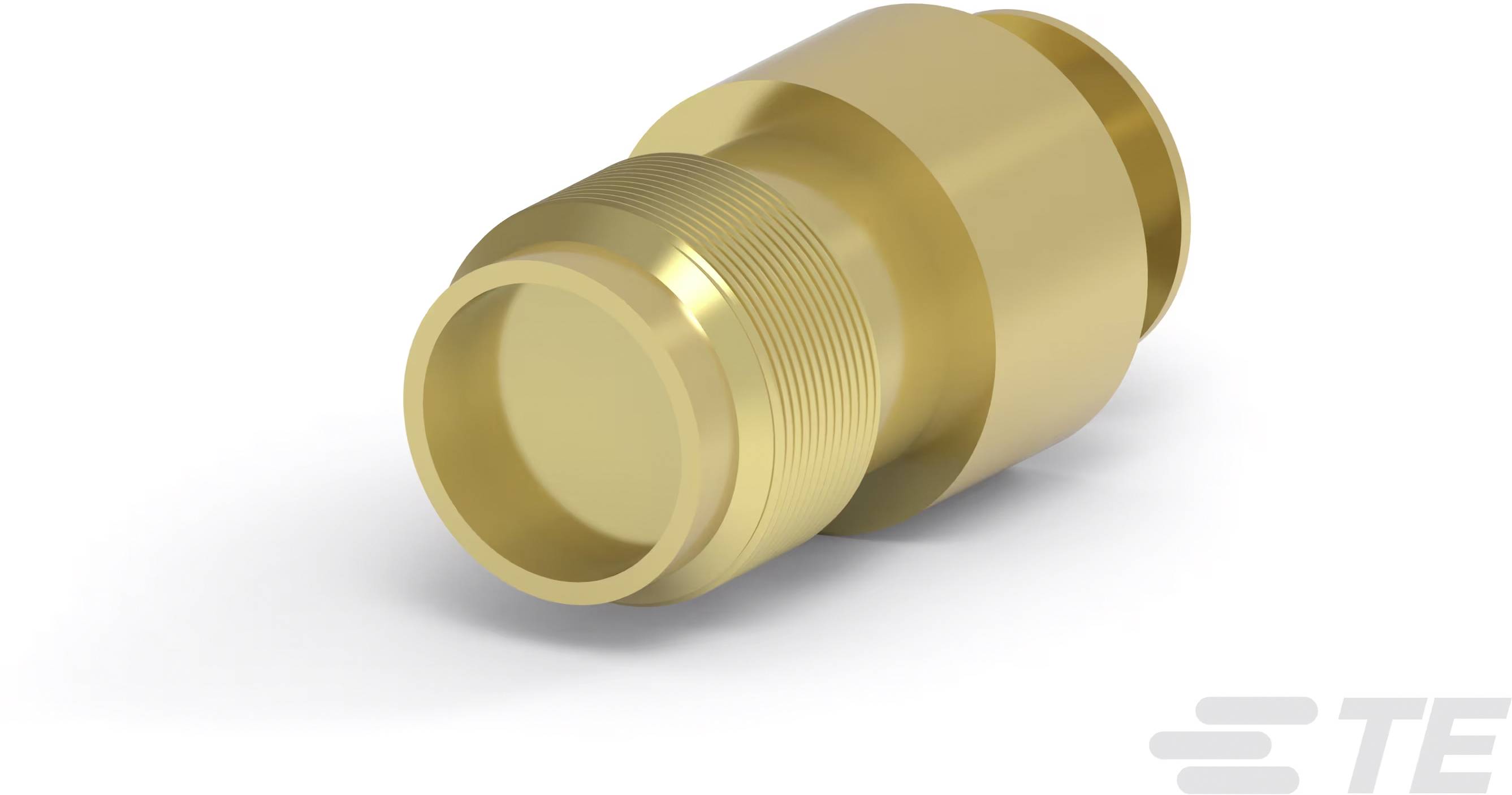 Ein goldfarbenes, zylindrisches Steckverbindergehäuse mit Gewinde, vermutlich für elektrische Anwendungen, auf weißem Hintergrund.