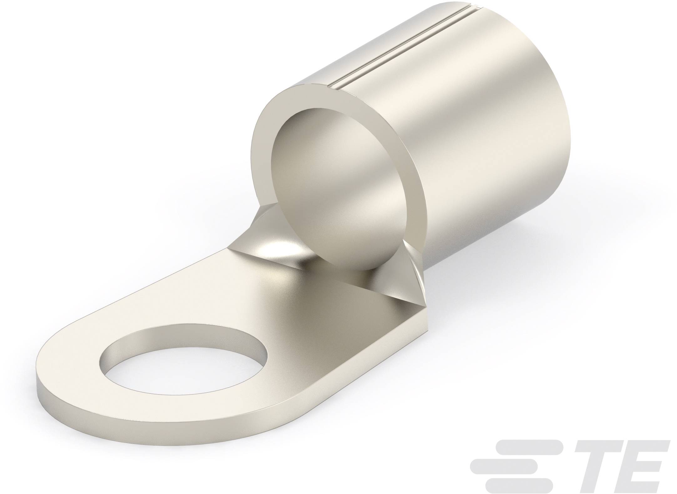 Metallischer Kabelschuh mit zylindrischem Ende und flacher Lasche, die ein Loch zum Anschrauben enthält.