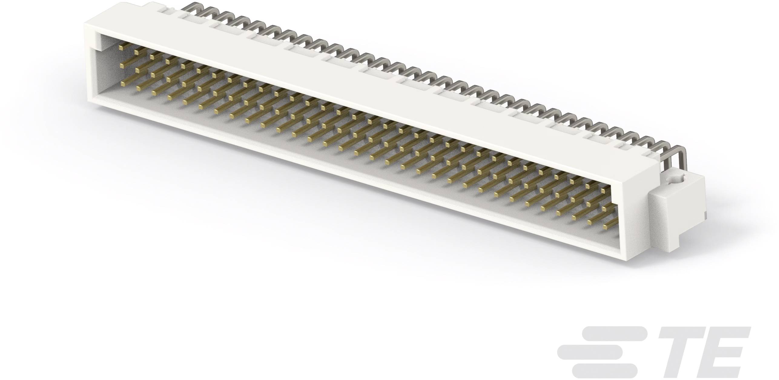 Ein weißer, rechteckiger Stecker mit mehreren goldenen Pins, verwendet in elektronischen Geräten zur sicheren Verbindung von Komponenten.