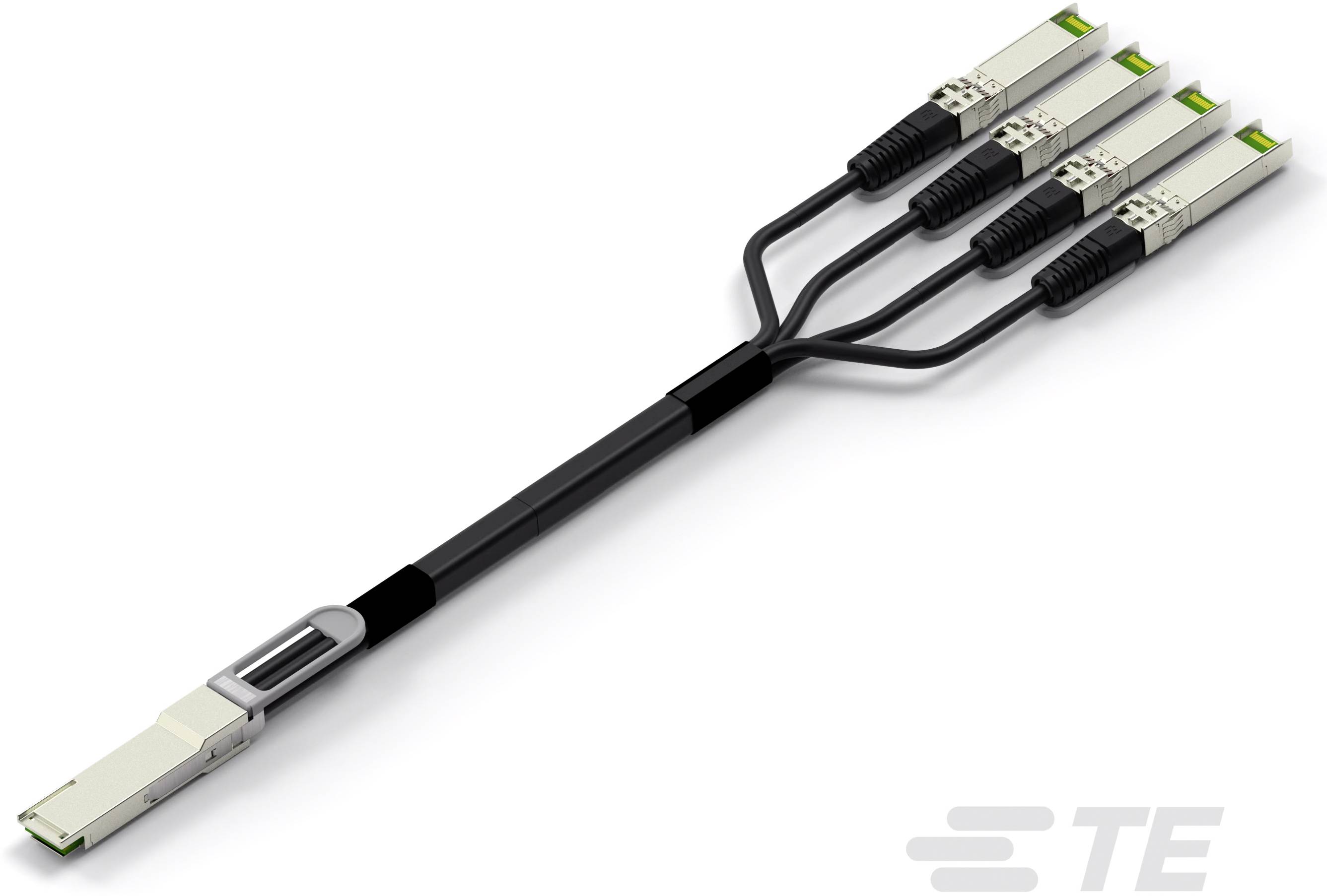 Ein Kabel mit einem Stecker, der sich in vier separate Anschlüsse aufteilt. Diese Anschlüsse haben grüne Markierungen.