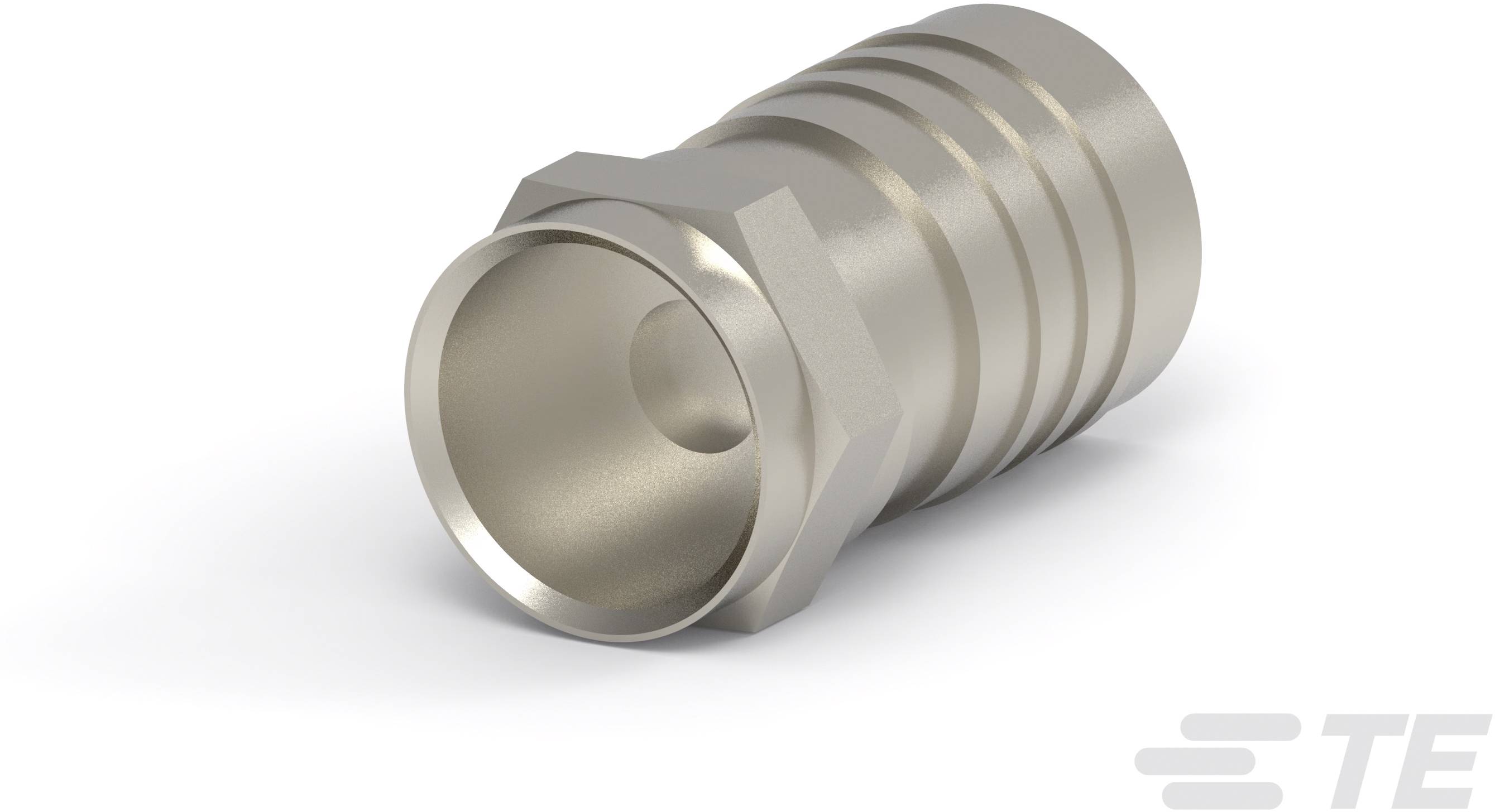 Ein Metall-Steckeradapter mit einem glatten, zylindrischen Design und mehreren Rillen. Geeignet für elektronische Verbindungen.