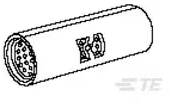 Ein schematisches Diagramm eines zylindrischen Steckverbinders mit mehreren Kontaktpunkten und einem Logo an der Seite.