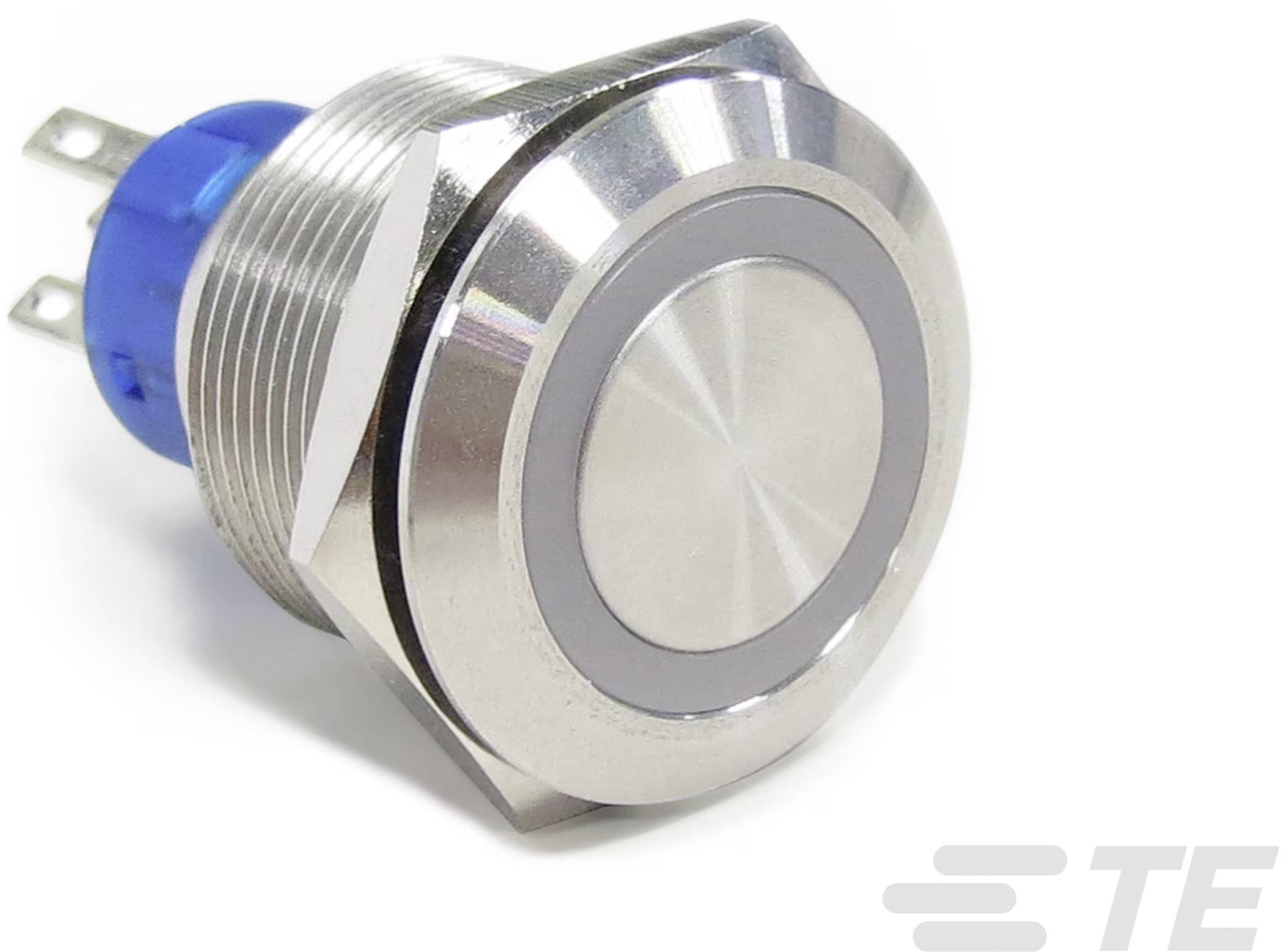 Ein runder, metallischer Druckknopf mit blauem Kunststoffgehäuse, geeignet für industrielle Anwendungen.