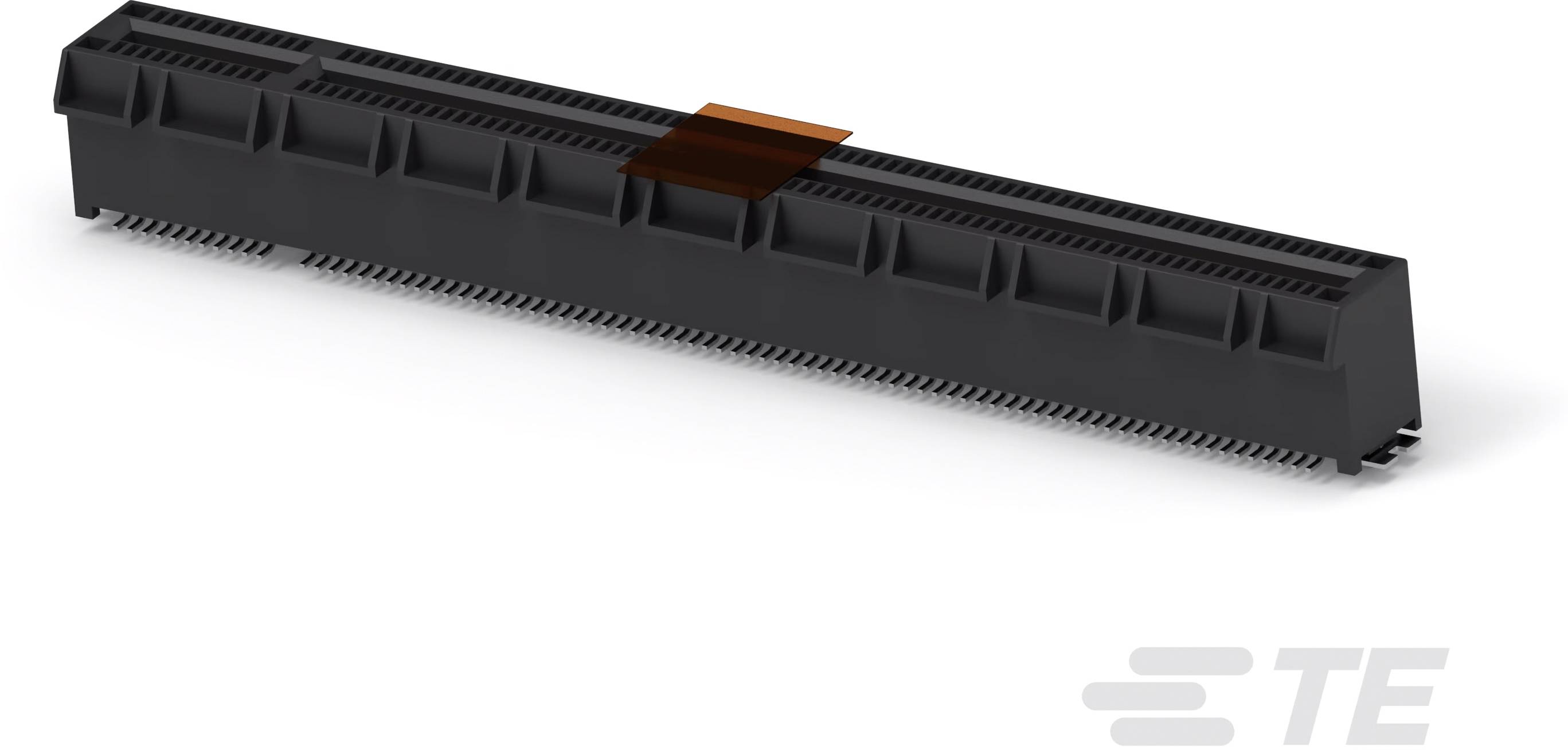 Ein schwarzer Steckverbinder mit Reihen von Pins. Kleine orangefarbene Markierung auf dem Stecker. Firmenlogo 'TE' in der Ecke.