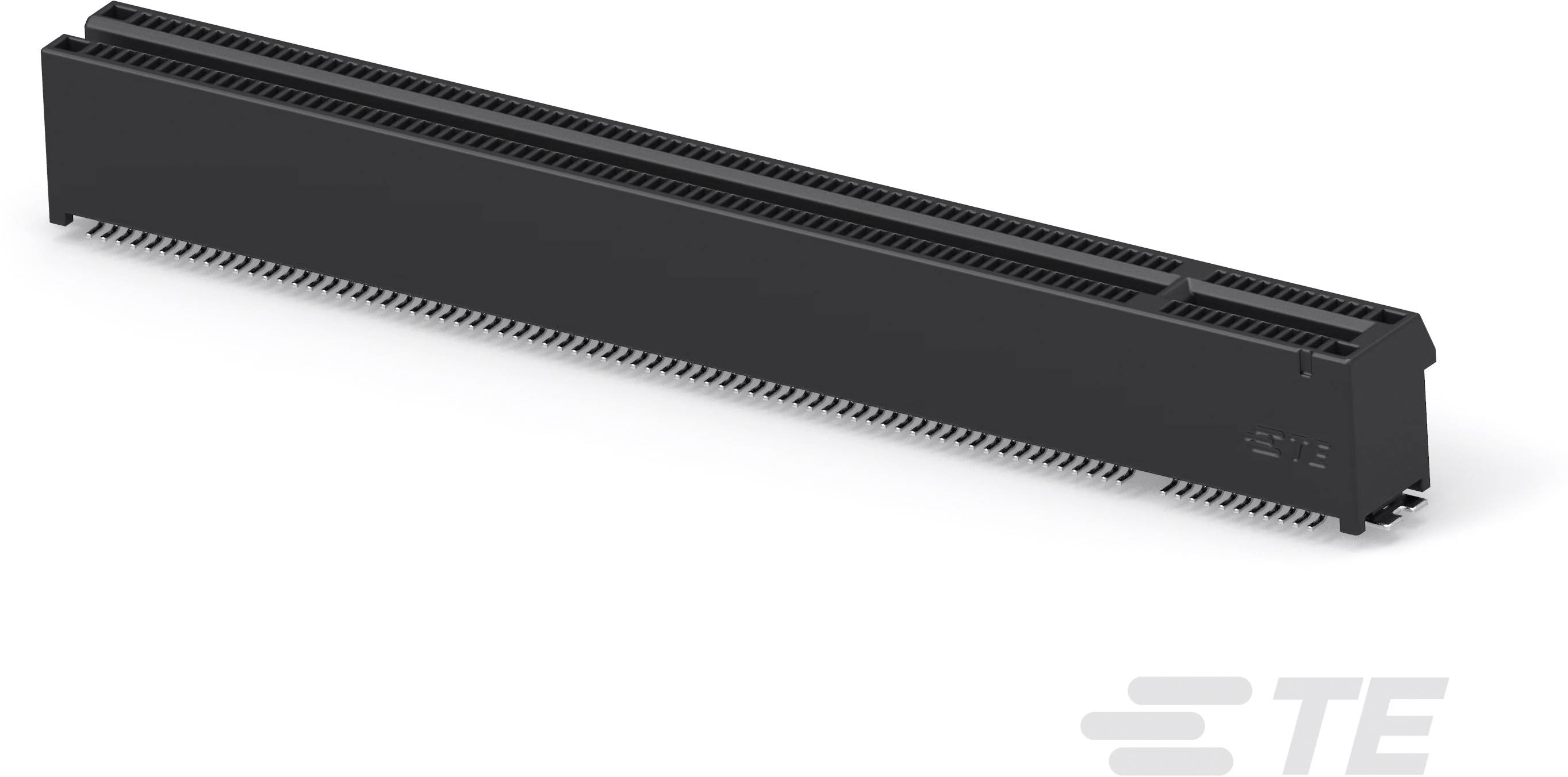 Schwarzer elektrischer Steckverbinder mit vielen Pins von TE Connectivity, schmal und rechteckig, für industrielle Anwendungen.