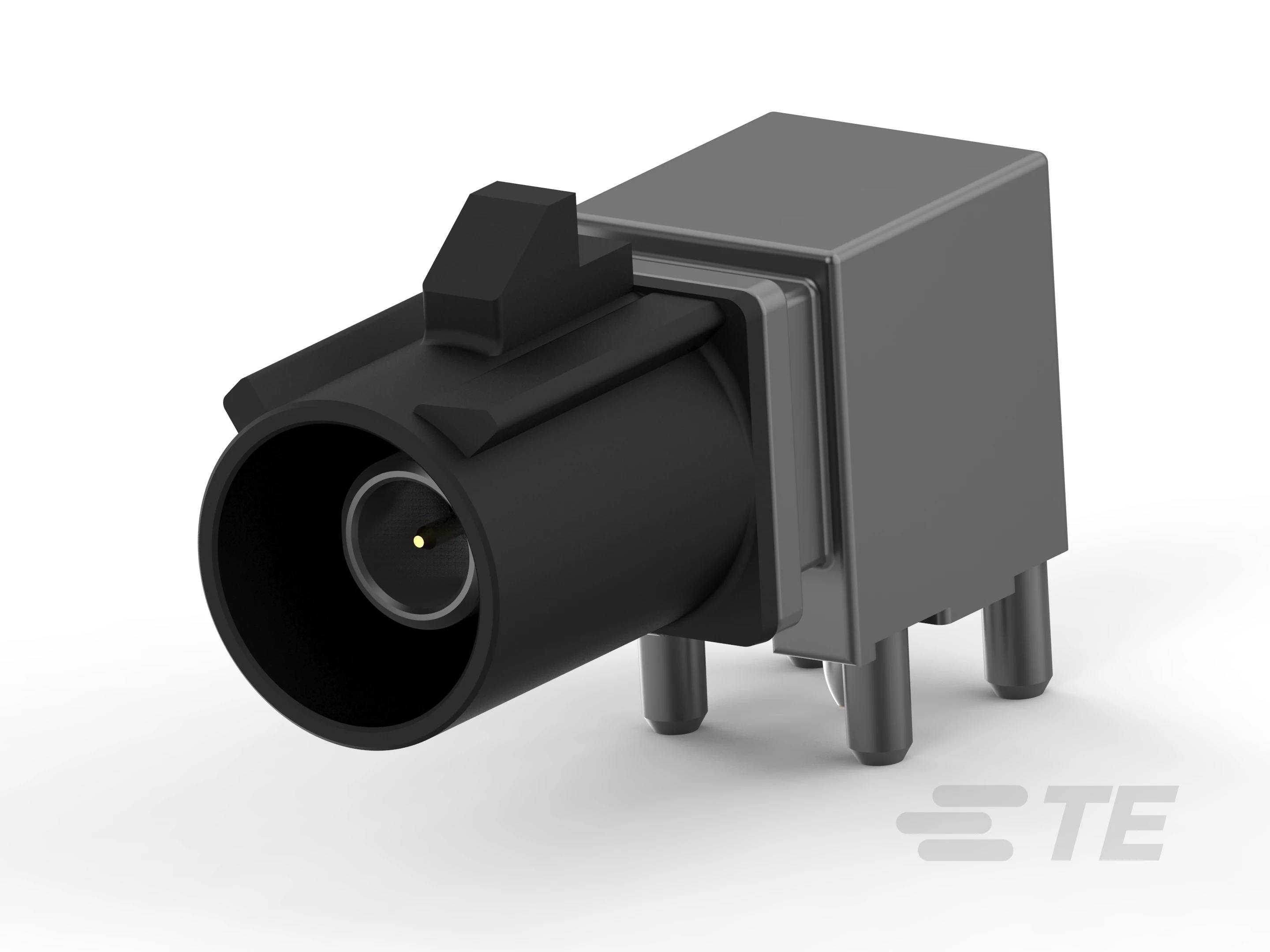 Abgebildet ist ein schwarzer und grauer elektrischer Stecker, Seitenansicht mit Sicht auf die Anschlusspins rechts unten.