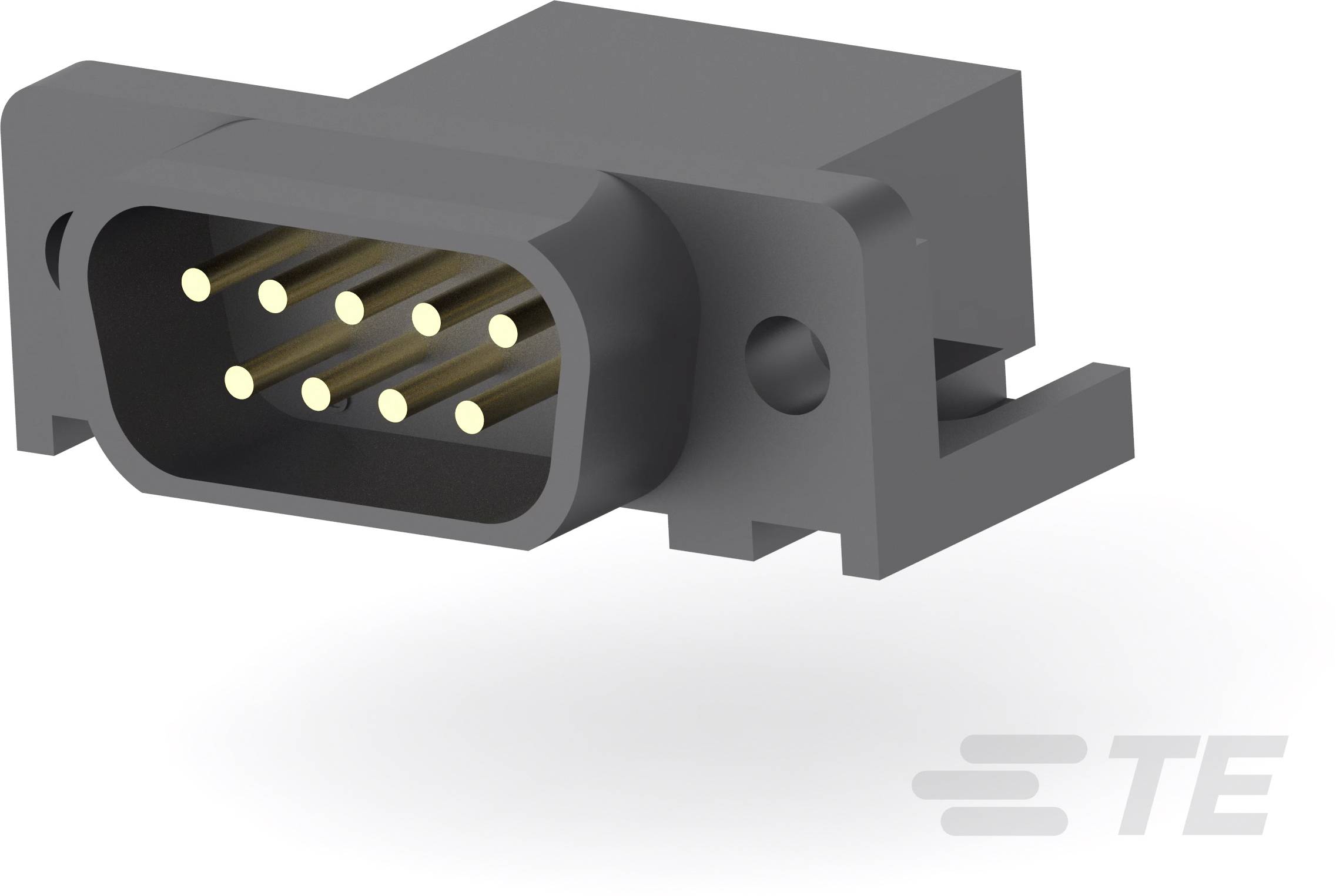 Ein rechteckiger, grauer Steckverbinder mit mehreren goldenen Pins, verwendet für elektronische Verbindungen.