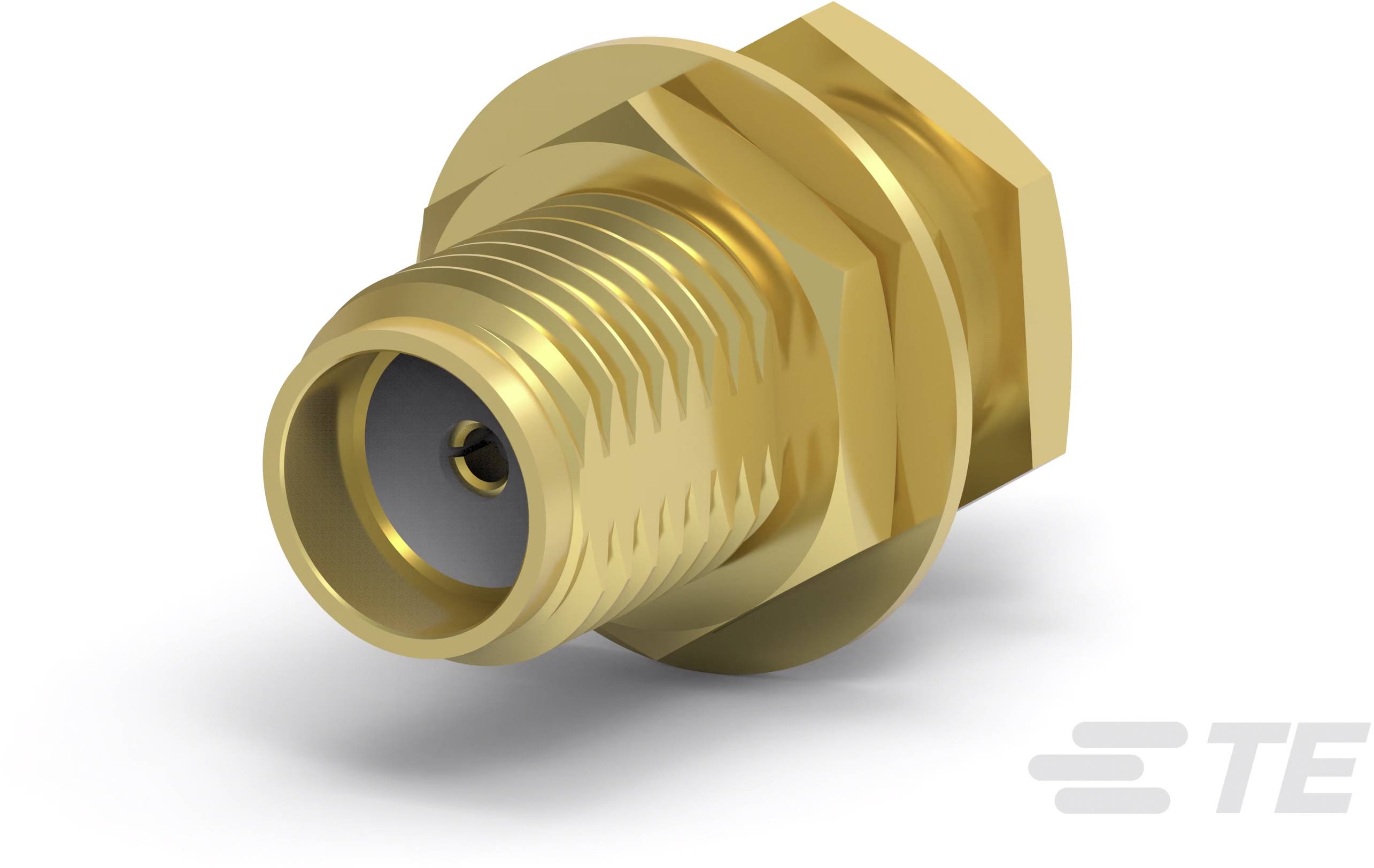 Ein goldfarbener elektrischer Steckverbinder mit Gewinde, der zu einem Gehäuse gehört. Geeignet für Anwendungen in der Elektronik.