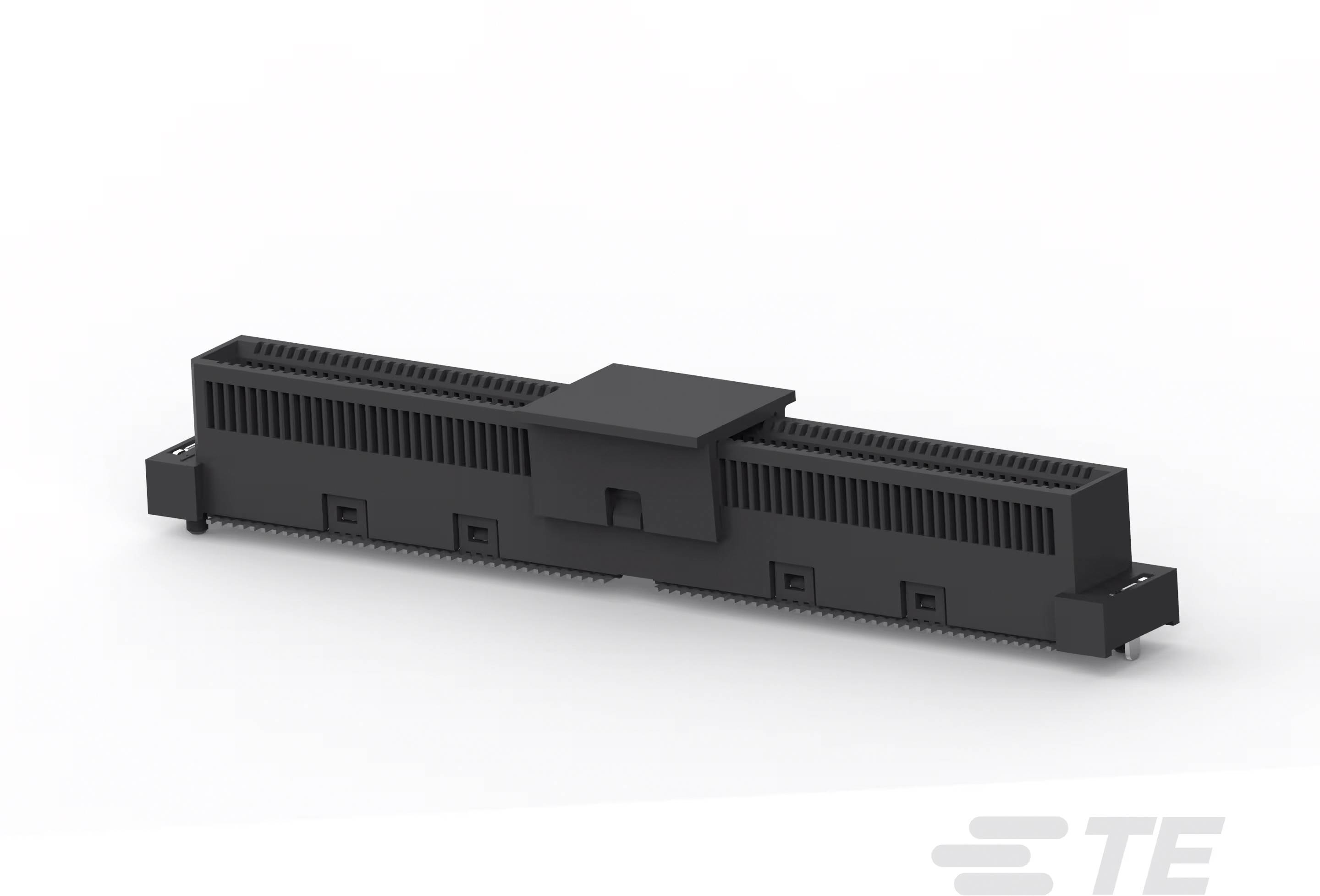 Ein schwarzer elektrischer Steckverbinder, lang und rechteckig, mit mehreren Anschlüssen, möglicherweise für Leiterplatten konzipiert.