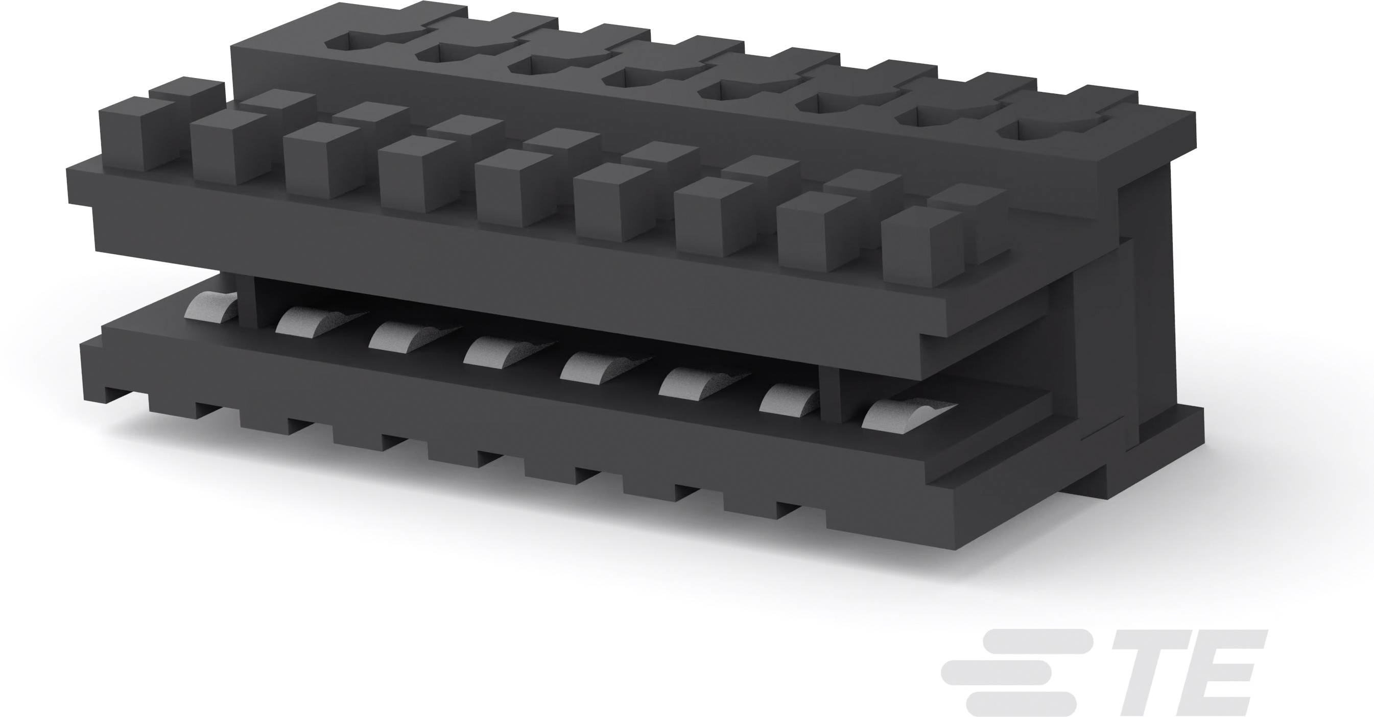 Schwarzer Stecker mit mehreren Stiftreihen, seitliche Perspektive. Eignet sich für industrielle Anwendungen, robuste Bauweise.