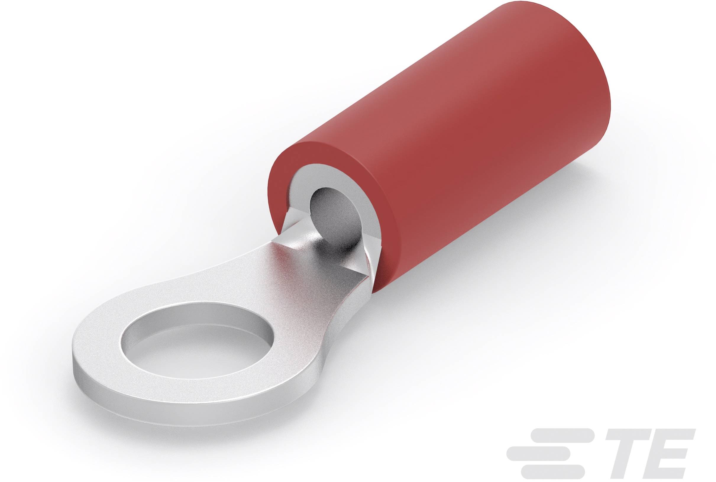 Roter Ringkabelschuh mit Metallöse, dient zur elektrischen Verbindung von Kabelenden.