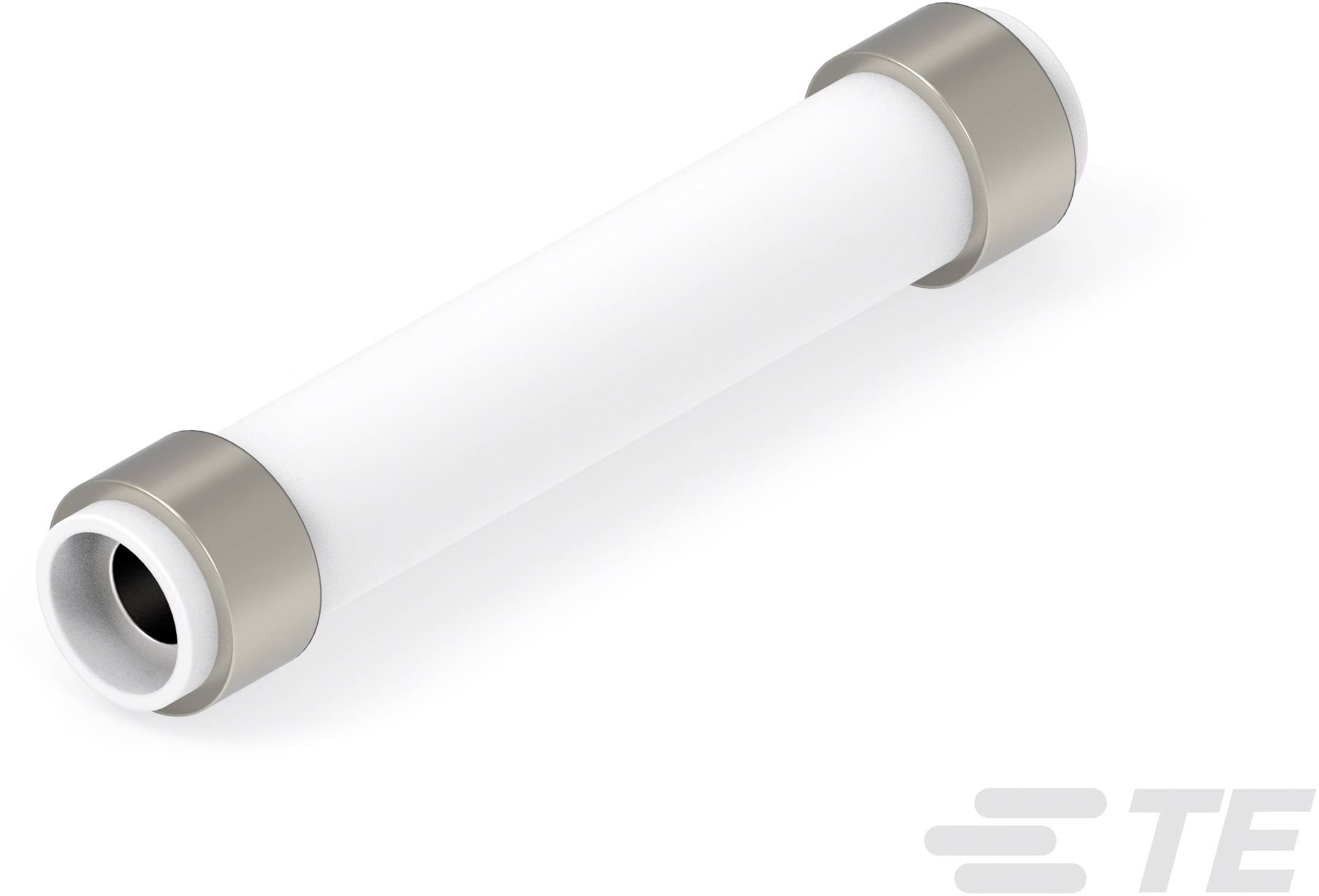 Ein weißer zylindrischer Adapter mit silbernen Endkappen auf weißem Hintergrund.