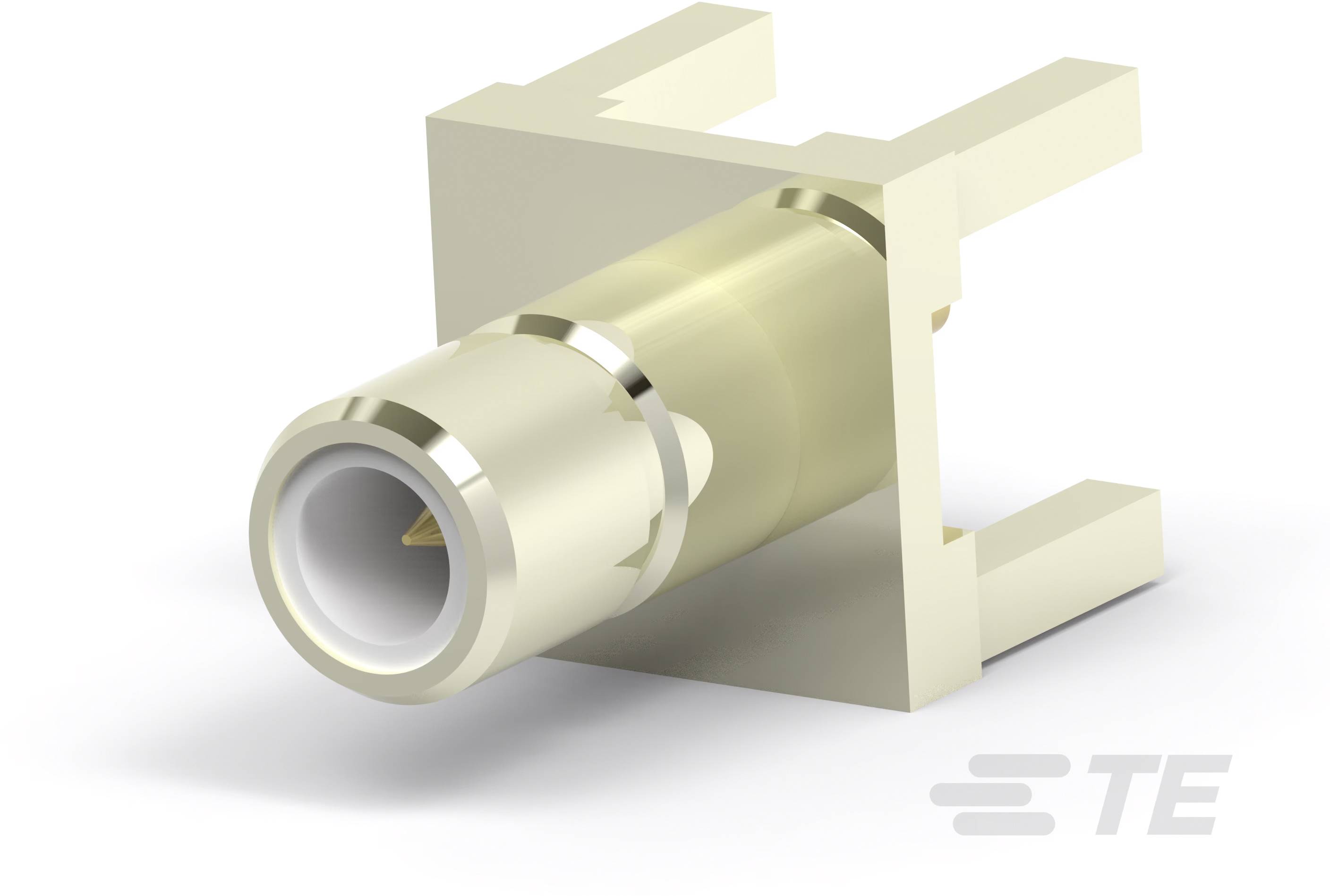 Koaxialverbindungselement, kompakte Bauweise, geeignet für elektronische Anwendungen; Gehäuse in Metalloptik, Markenlogo 'TE' abgebildet.