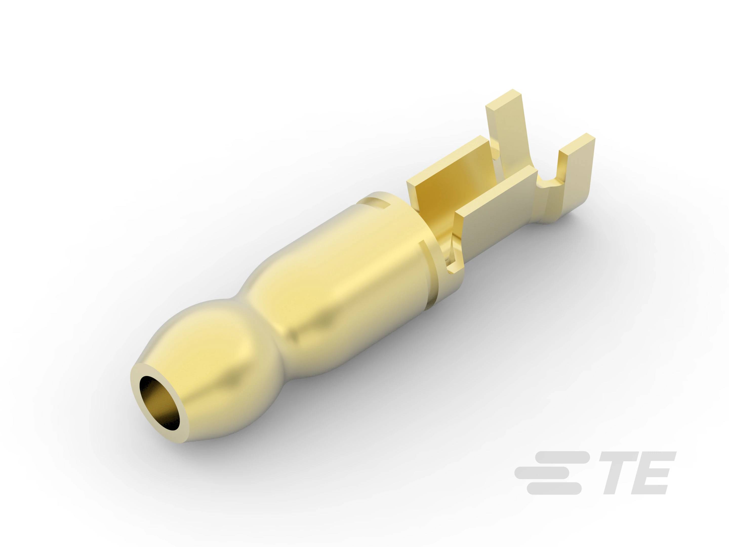 Goldener, zylindrischer Steckverbinder mit offenem Ende; geeignet für elektronische Verbindungen. Zeigt ein TE-Logo.