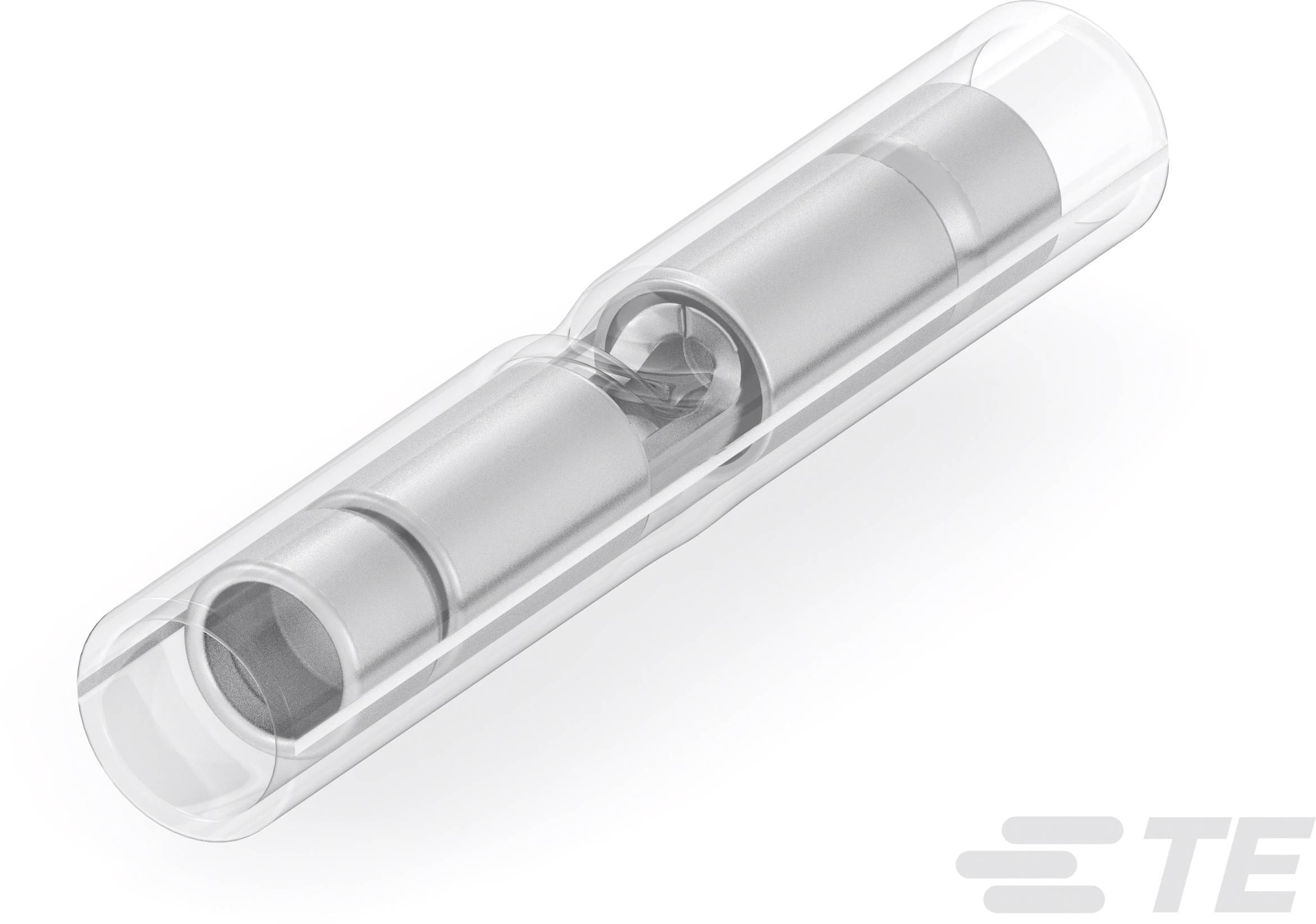Transparenter, zylindrischer elektrischer Verbinder mit Metallinnenteilen, geeignet für Kabelanschlüsse in elektrischen Installationen.