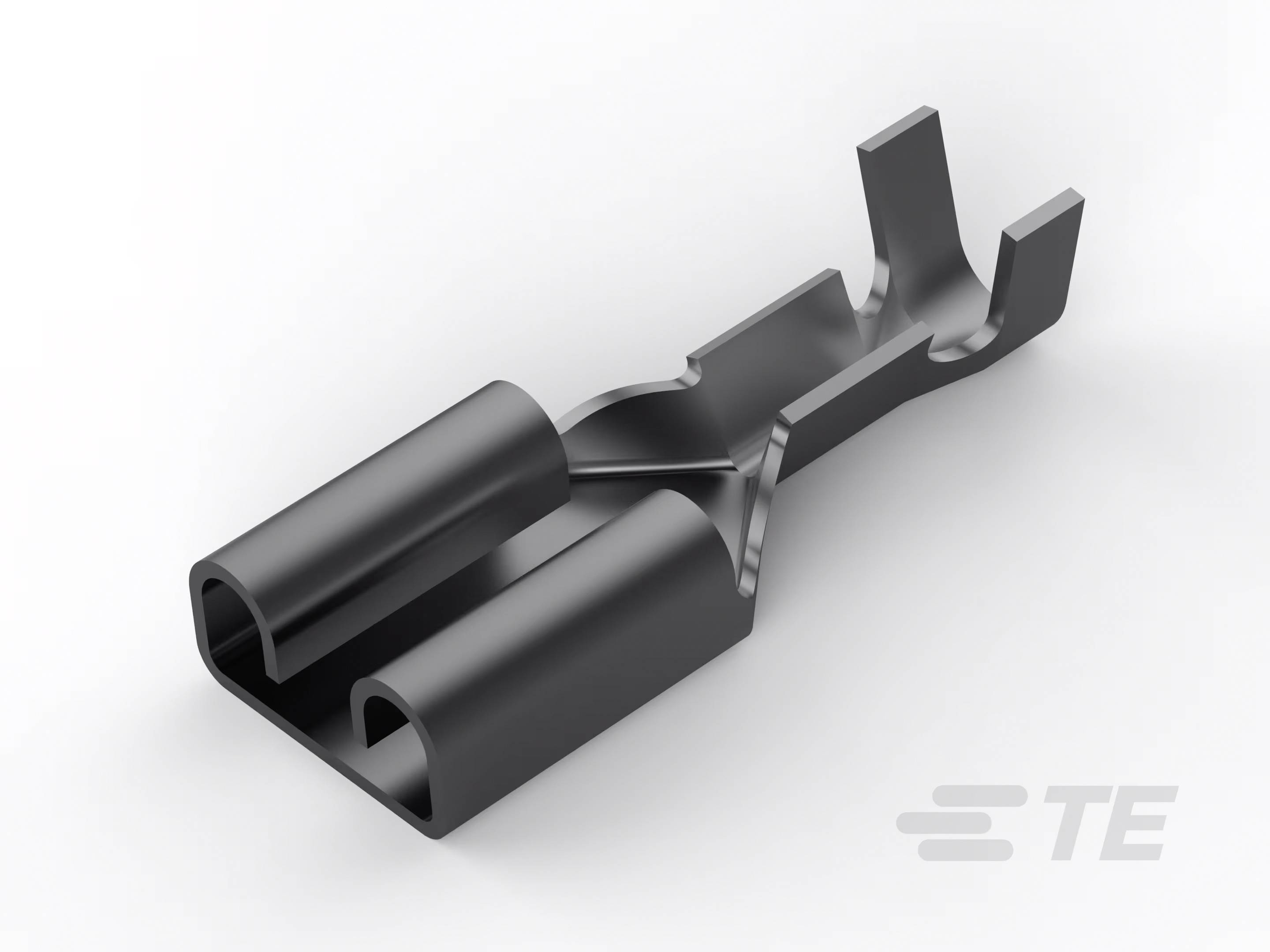 Ein schwarzer, metallischer Anschlussstecker mit zwei Öffnungen, geeignet für elektrische Verbindungen, liegt auf einem hellen Hintergrund. Logo in der Ecke.