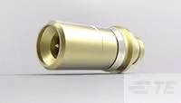 Ein goldener Steckverbinder mit kreisförmiger Öffnung, auf einem grauen Hintergrund dargestellt.