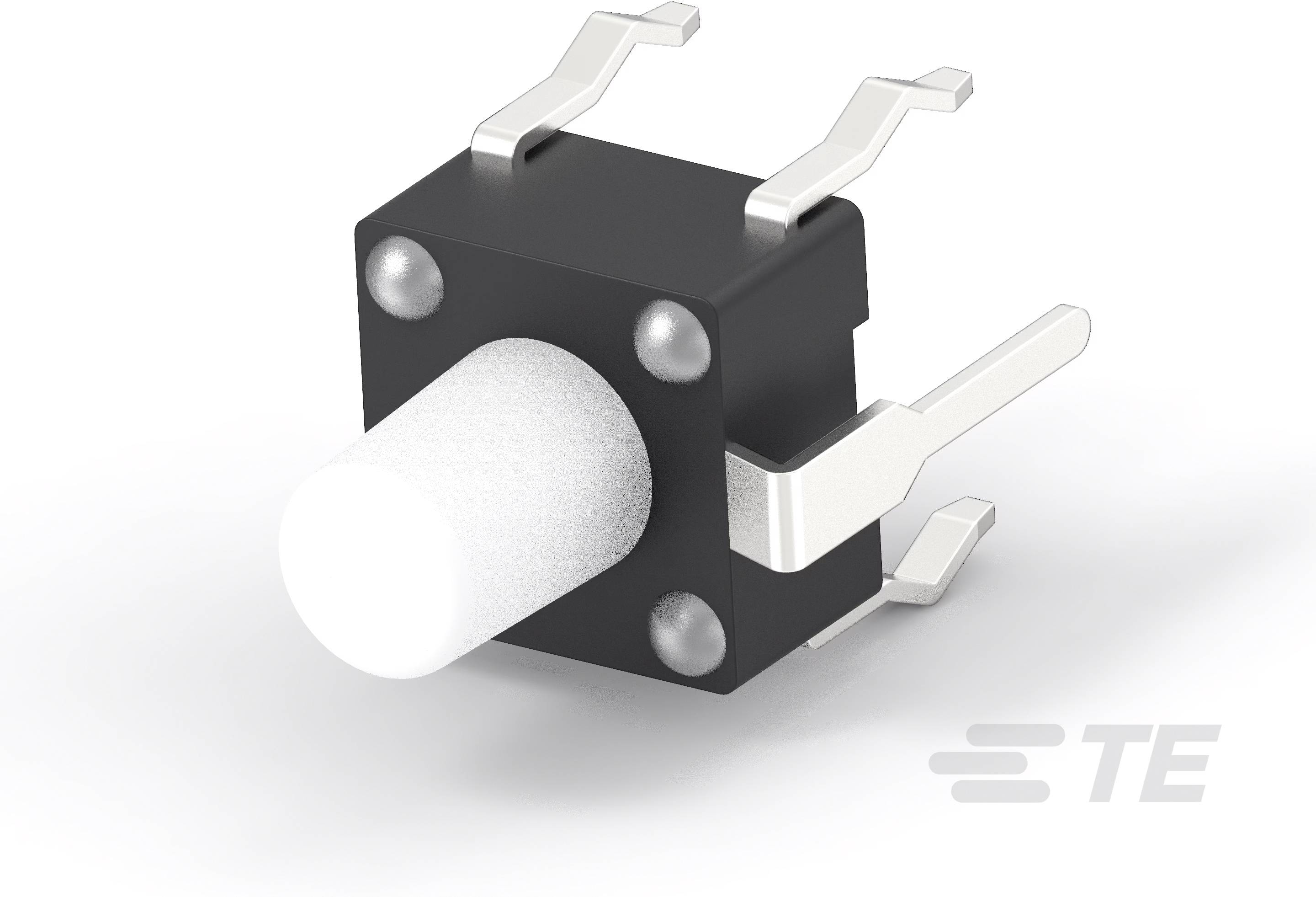 Ein schwarzer Tactile Pushbutton Switch mit weißem Knopf und vier Metallanschlüssen, markiert mit dem Logo 'TE'.