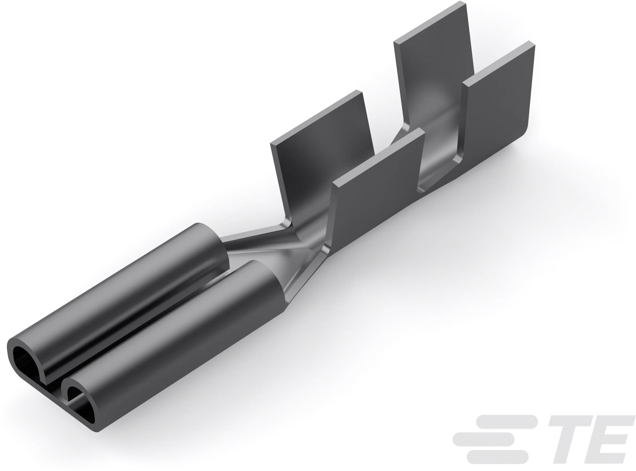 Ein schwarzer Metallstecker mit zwei Röhren und gestuften Flächen, auf weißem Hintergrund.