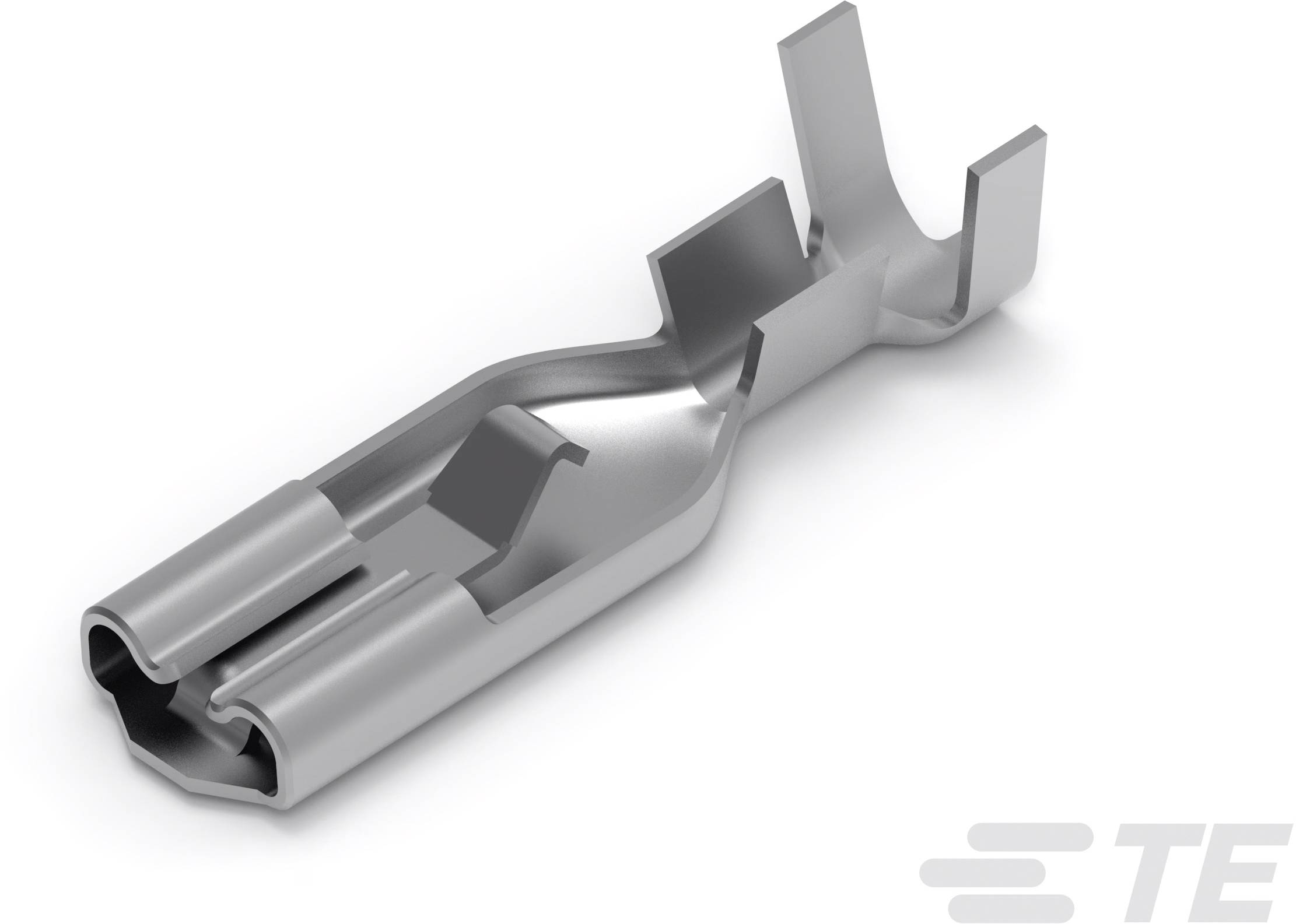 Ein silberner, metallischer elektrischer Steckverbinder mit zwei parallel verlaufenden Zinken, in der Mitte zu einer Klammer geformt.