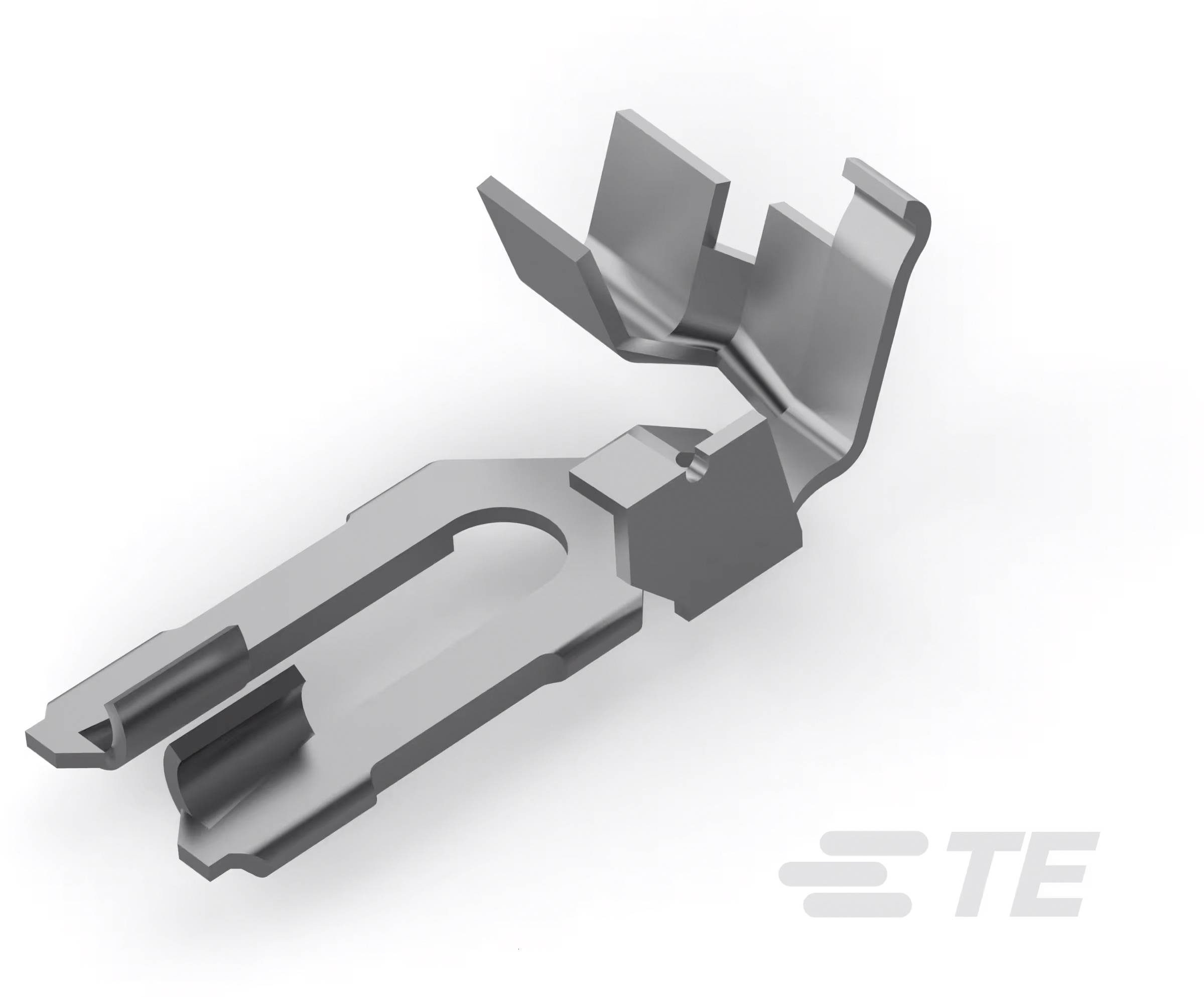 Metallkontakt mit gebogenem Design, geeignet für elektrische Verbindungen. Im Hintergrund das Logo von TE, einem Elektronikkonzern.