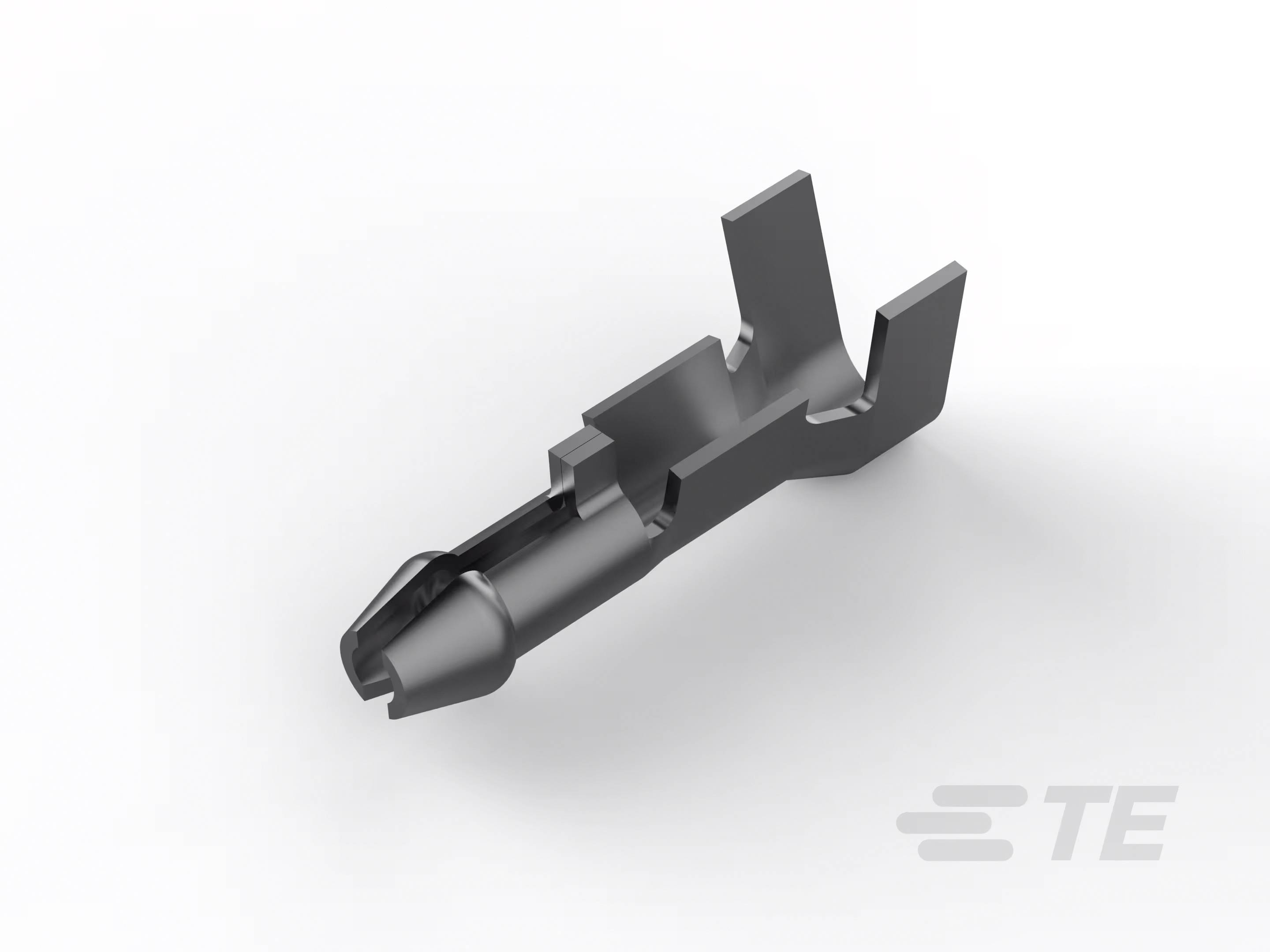 Ein schwarzes, metallisches Steckverbinderteil der Marke TE liegt auf einer weißen Oberfläche, schräge Ansicht von oben.