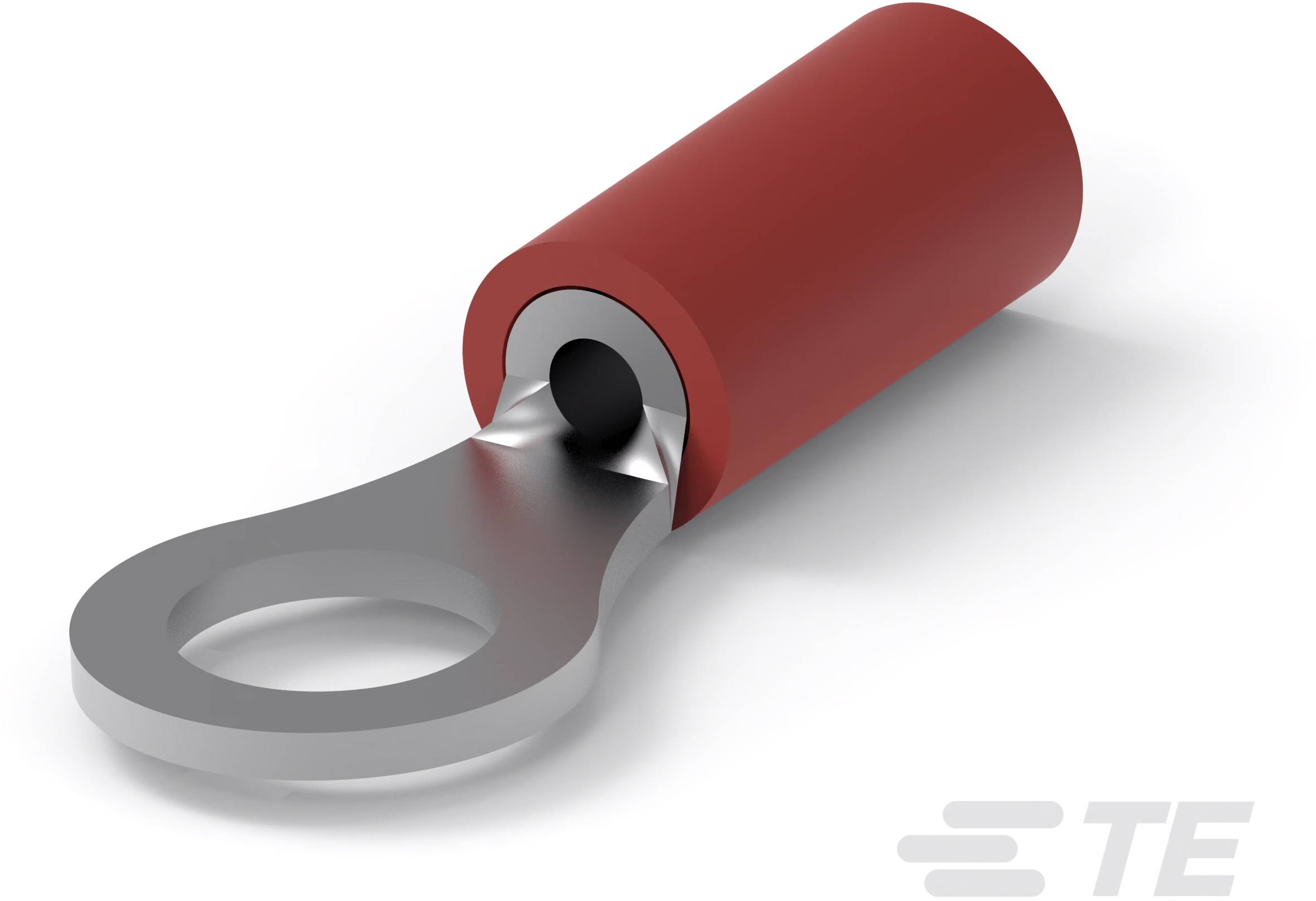 Ein roter Kabelschuh mit einer metallischen Ringschlaufe, häufig verwendet zur elektrischen Verbindung, auf weißem Hintergrund.