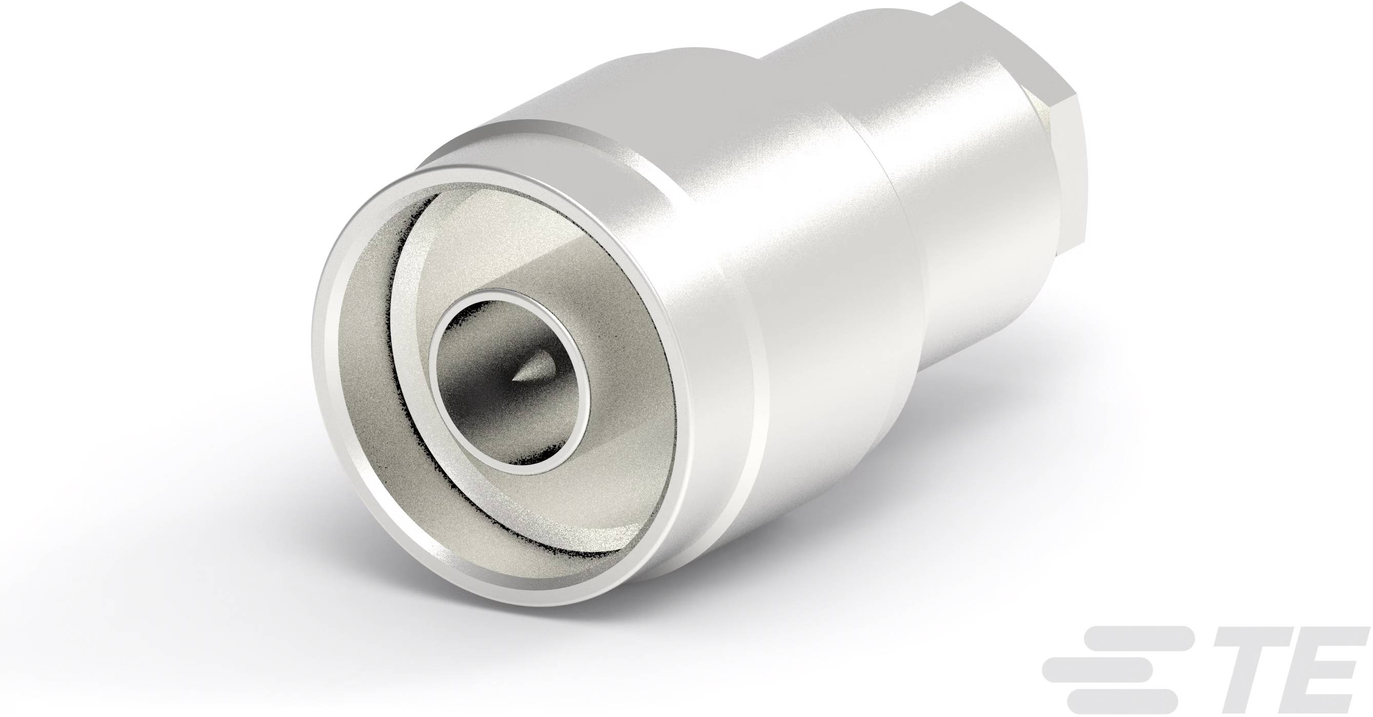 Ein metallener, zylindrischer Stecker mit konischem Innenraum, vermutlich ein industrieller oder elektronischer Anschluss, seitlich dargestellt.