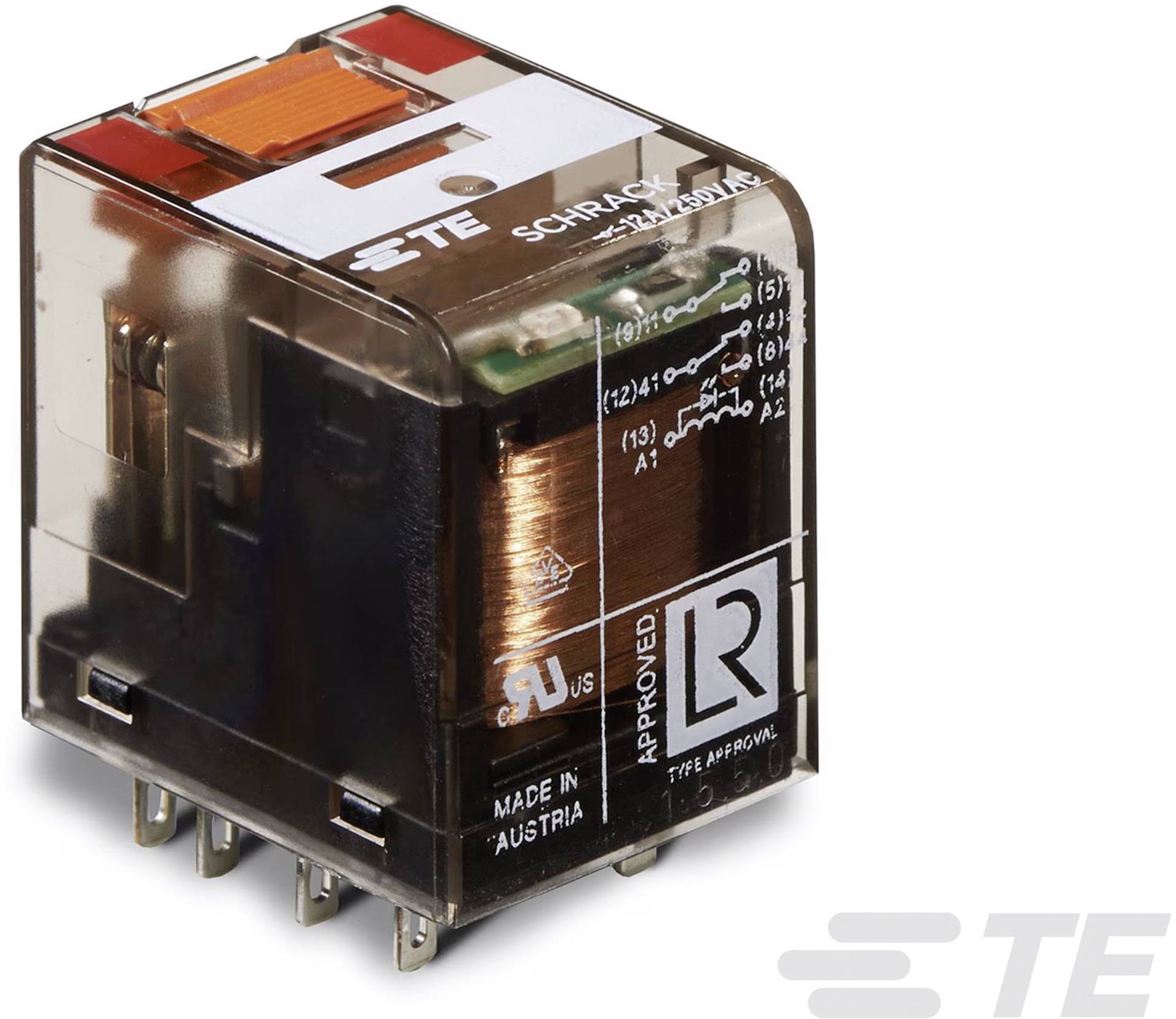 Ein elektromechanisches Relais von TE Connectivity mit durchsichtiger Plastikabdeckung, Spule und Metallsockel, Modell Schrack.