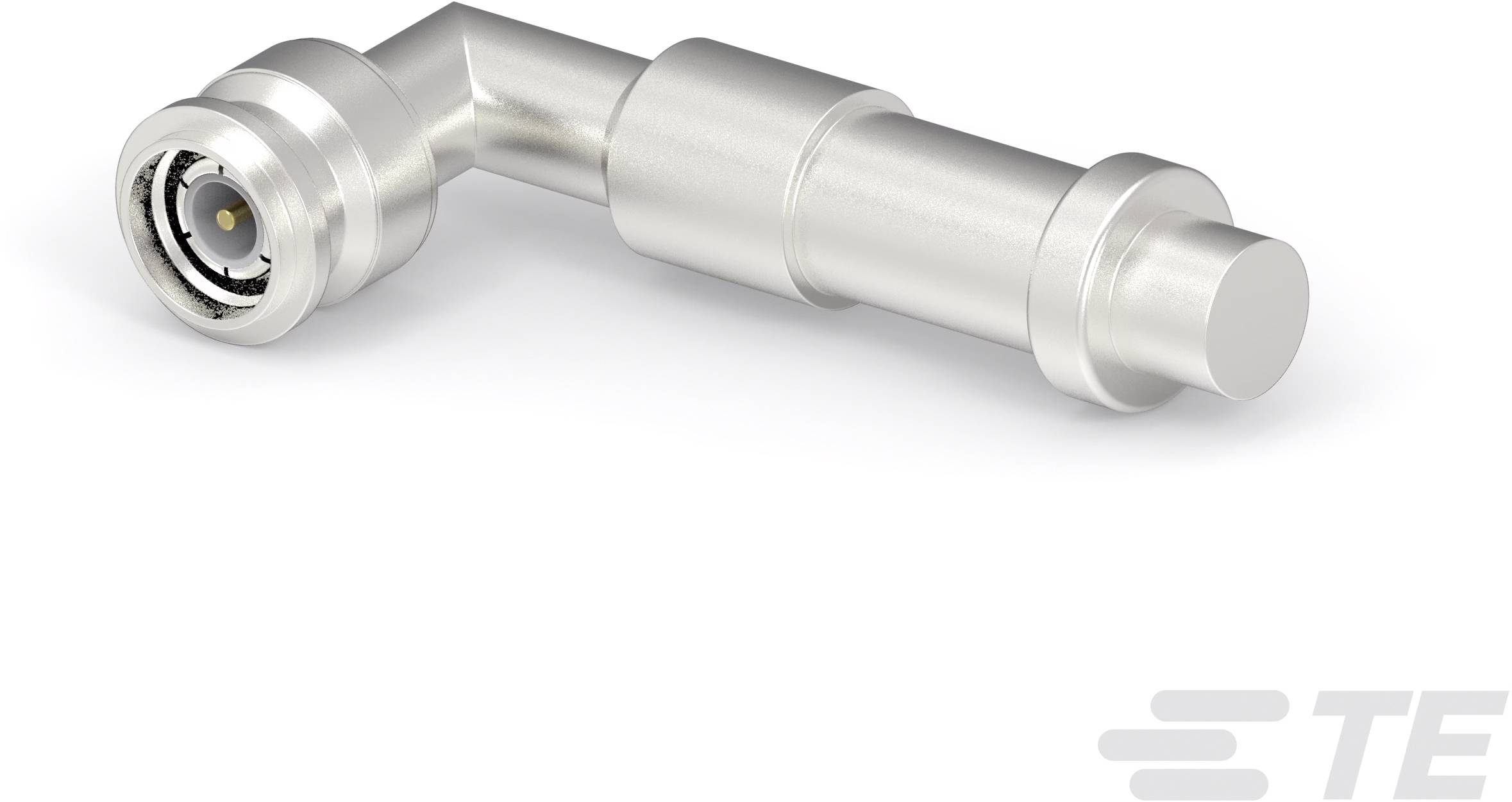 Ein silberner Metallstecker mit abgewinkeltem Design und TE-Logo, geeignet für kabellose Verbindungen in der Elektronik.