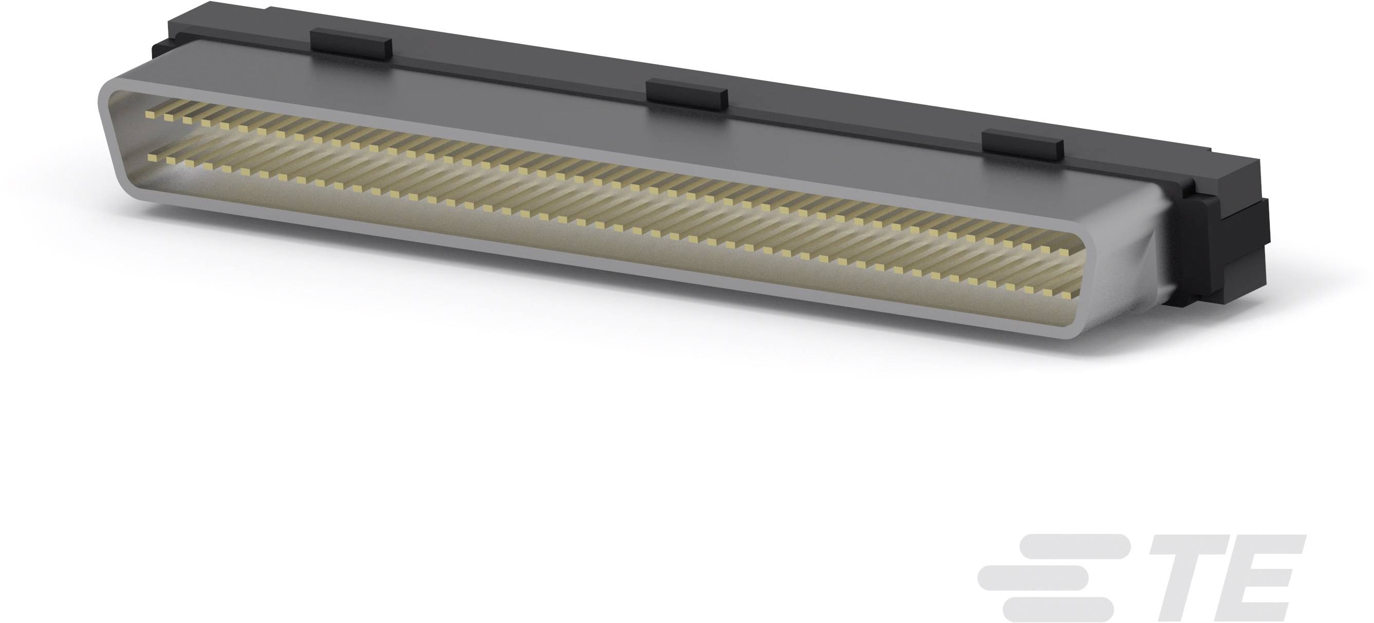 Elektrischer Steckverbinder mit vielen goldenen Kontaktleisten; rechteckiges, längliches Design. Geeignet für industrielle Anwendungen.