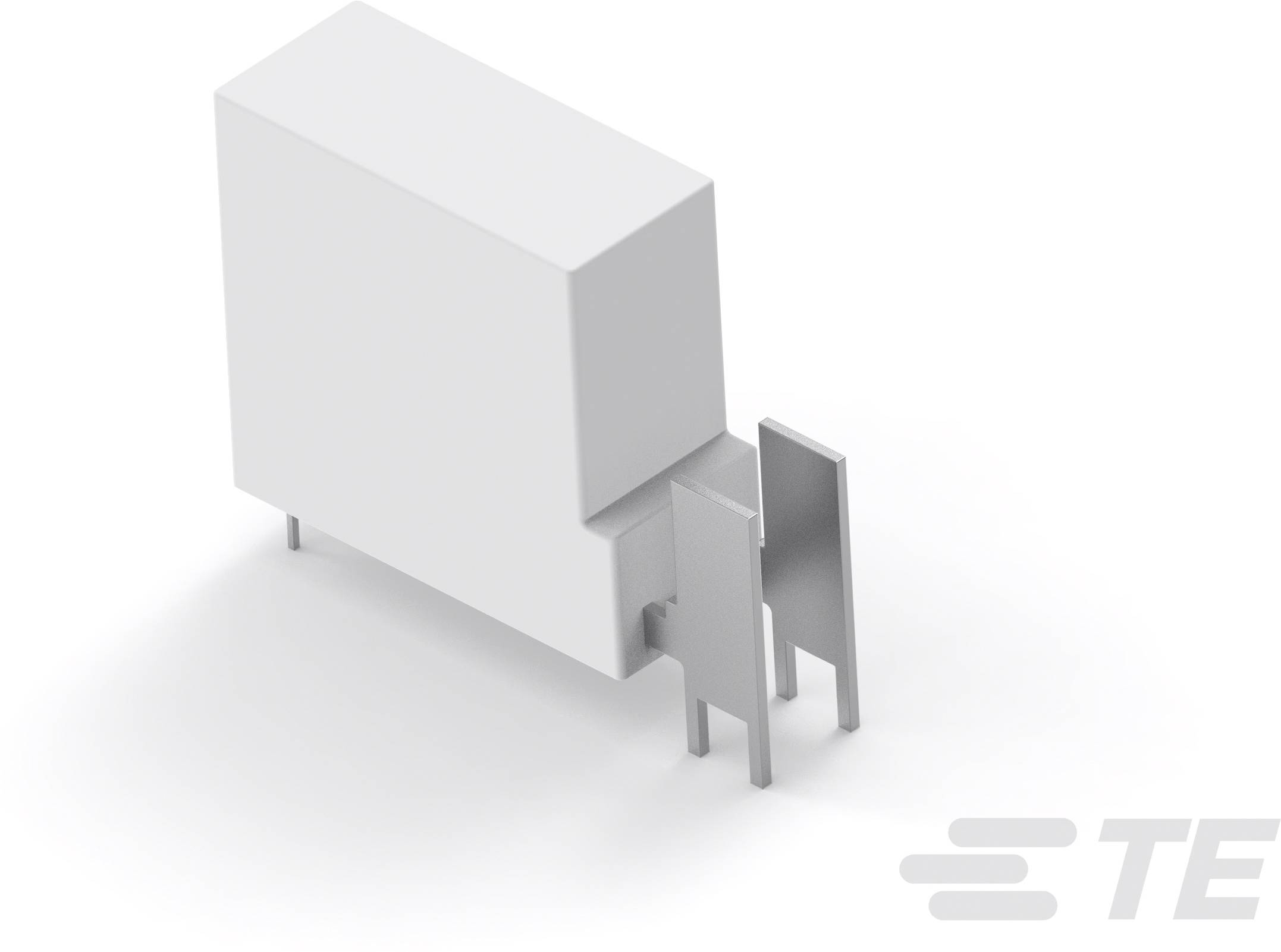 Ein rechteckiges, weißes elektrisches Bauteil mit zwei Metallanschlüssen. Markenzeichen 'TE' rechts unten im Bild.