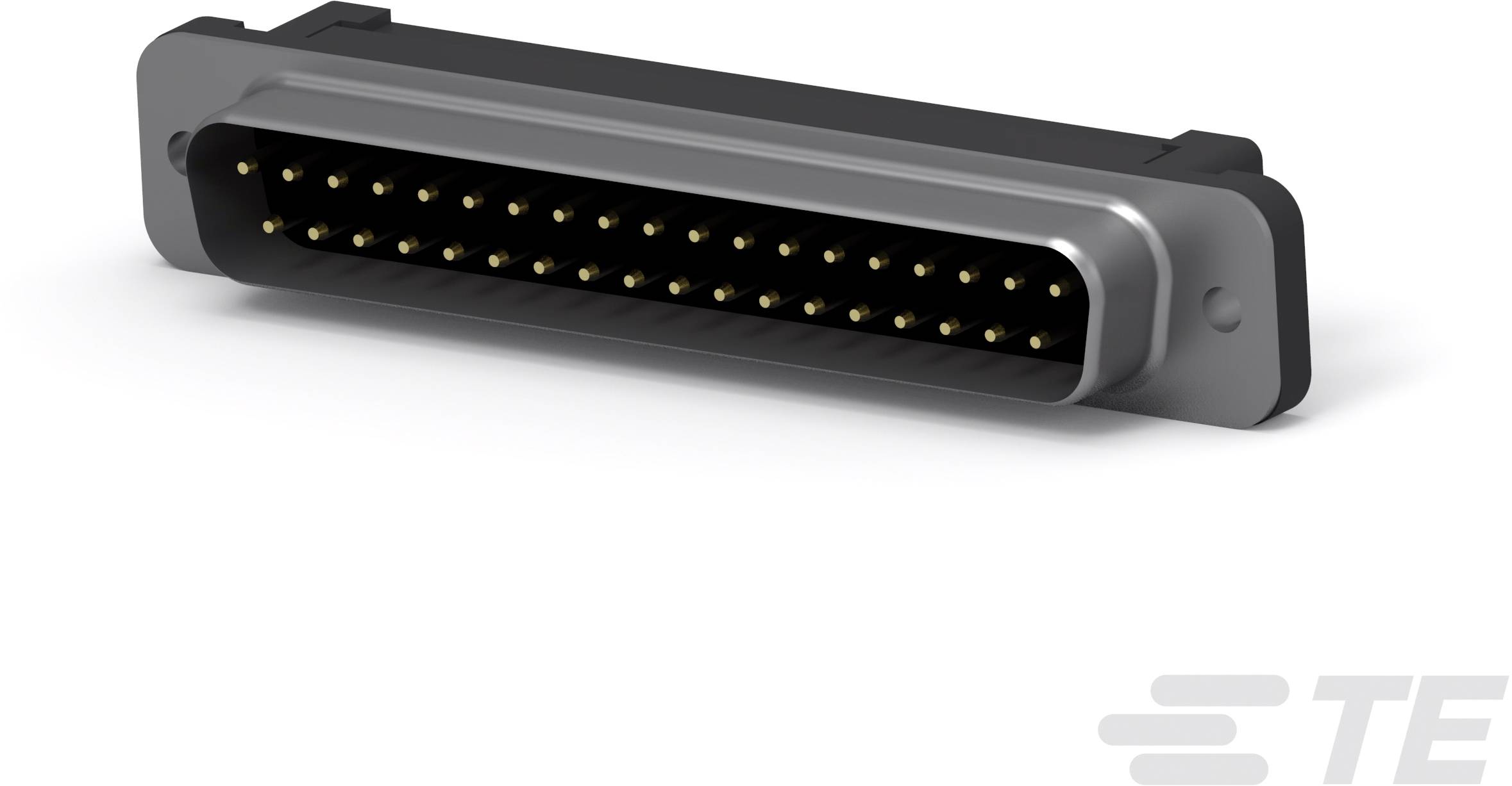 Rechteckiger Mehrpolstecker mit zahlreichen goldenen Kontaktstiften, verwendet für elektronische Verbindungen. Markenlogo unten rechts.