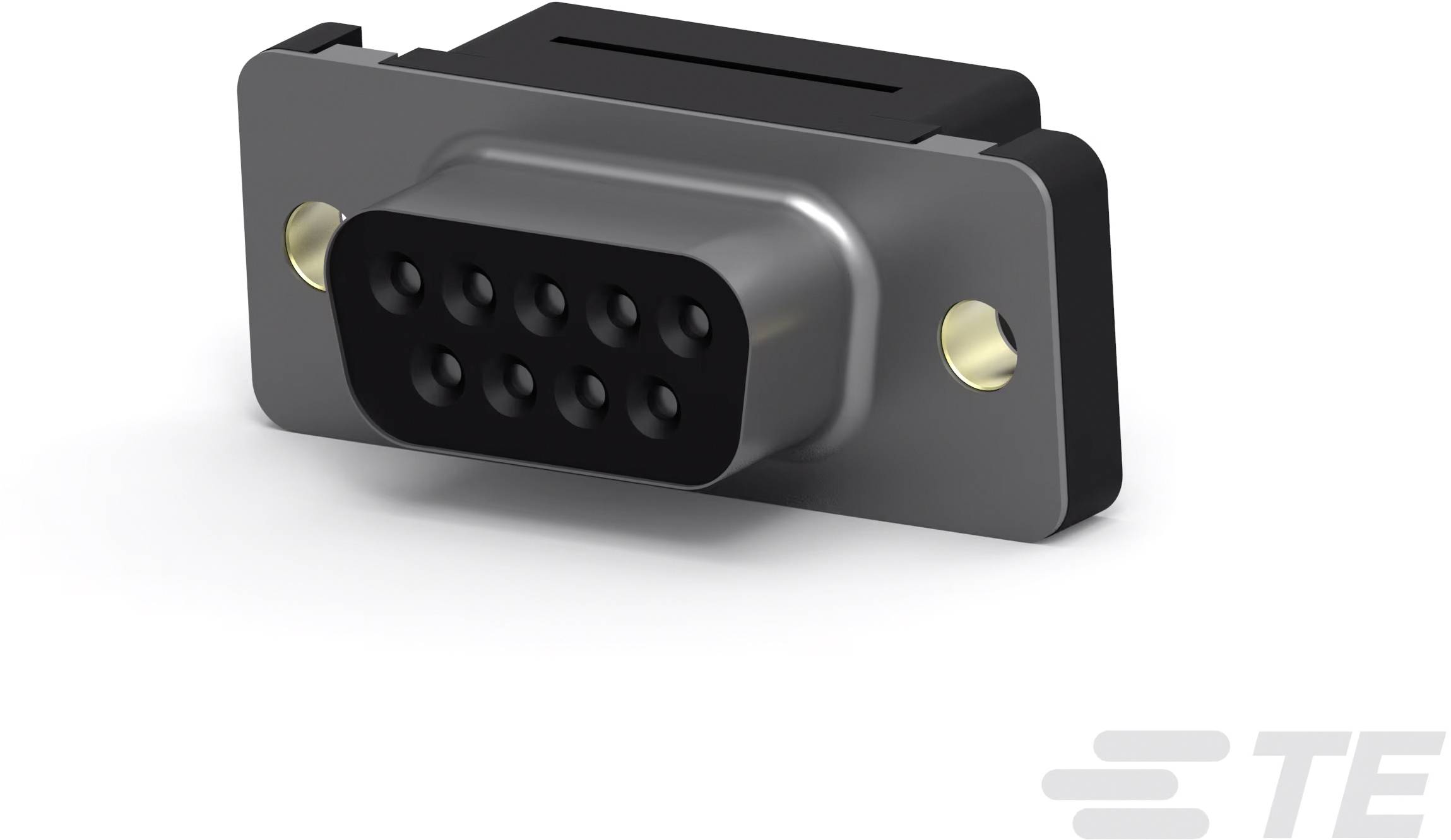 Ein D-Sub-Stecker mit neun Pins, montiert auf einer Metallplatte. Geeignet für serielle Verbindungen in elektronischen Geräten.