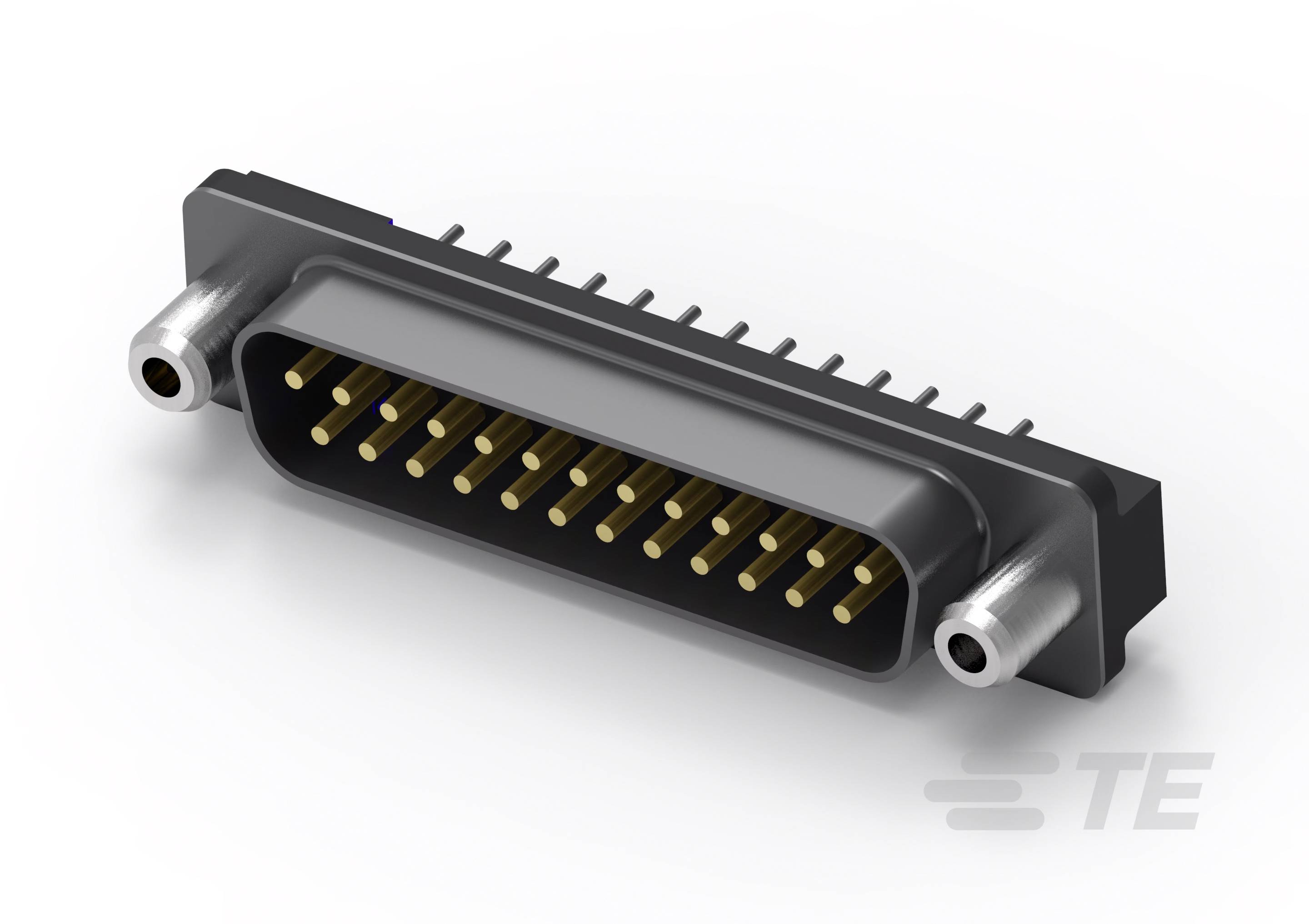 Schwarzer D-Sub-Stecker mit Metallstiften und zwei Befestigungselementen an den Seiten, geeignet für elektronische Verbindungen.